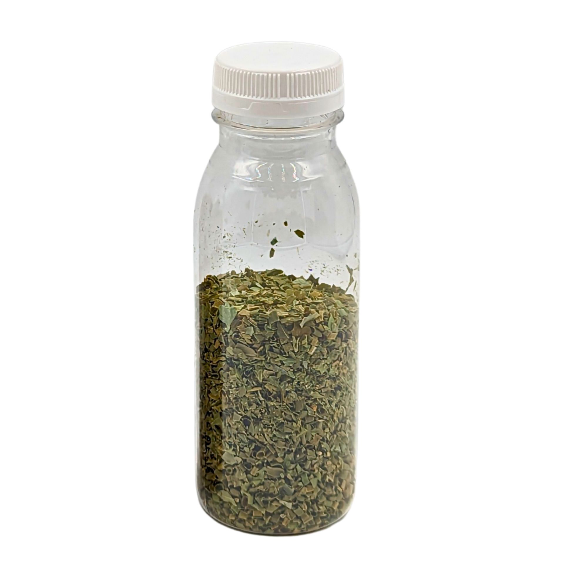 Transparente 250-ml-Smoothieflasche aus Kunststoff mit weißem Schraubverschluss, stehend vor weißem Hintergrund.