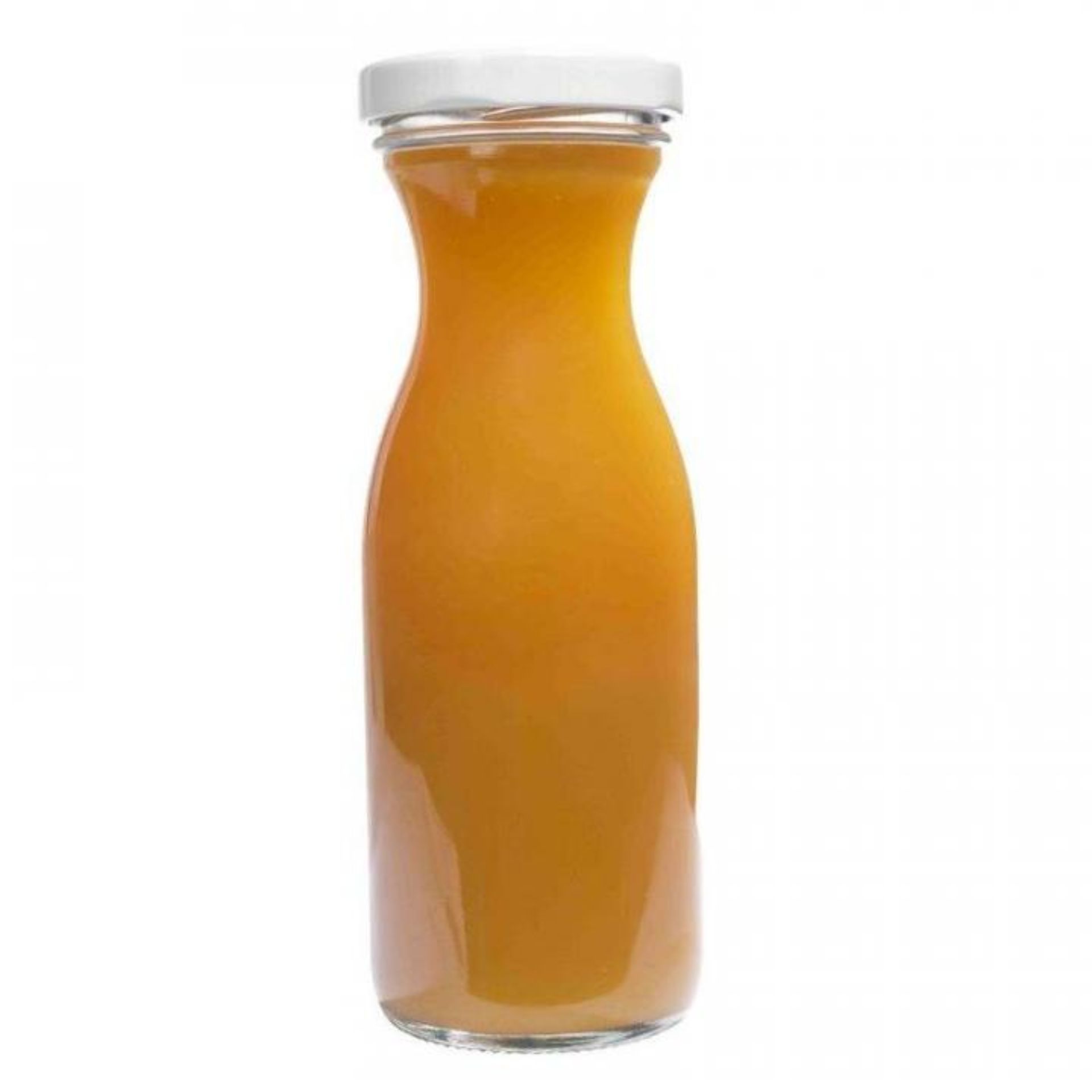 Klare 250-ml-Glasflasche mit rundem Körper, schmalem Hals und Schraubgewinde, stehend auf weißem Hintergrund.