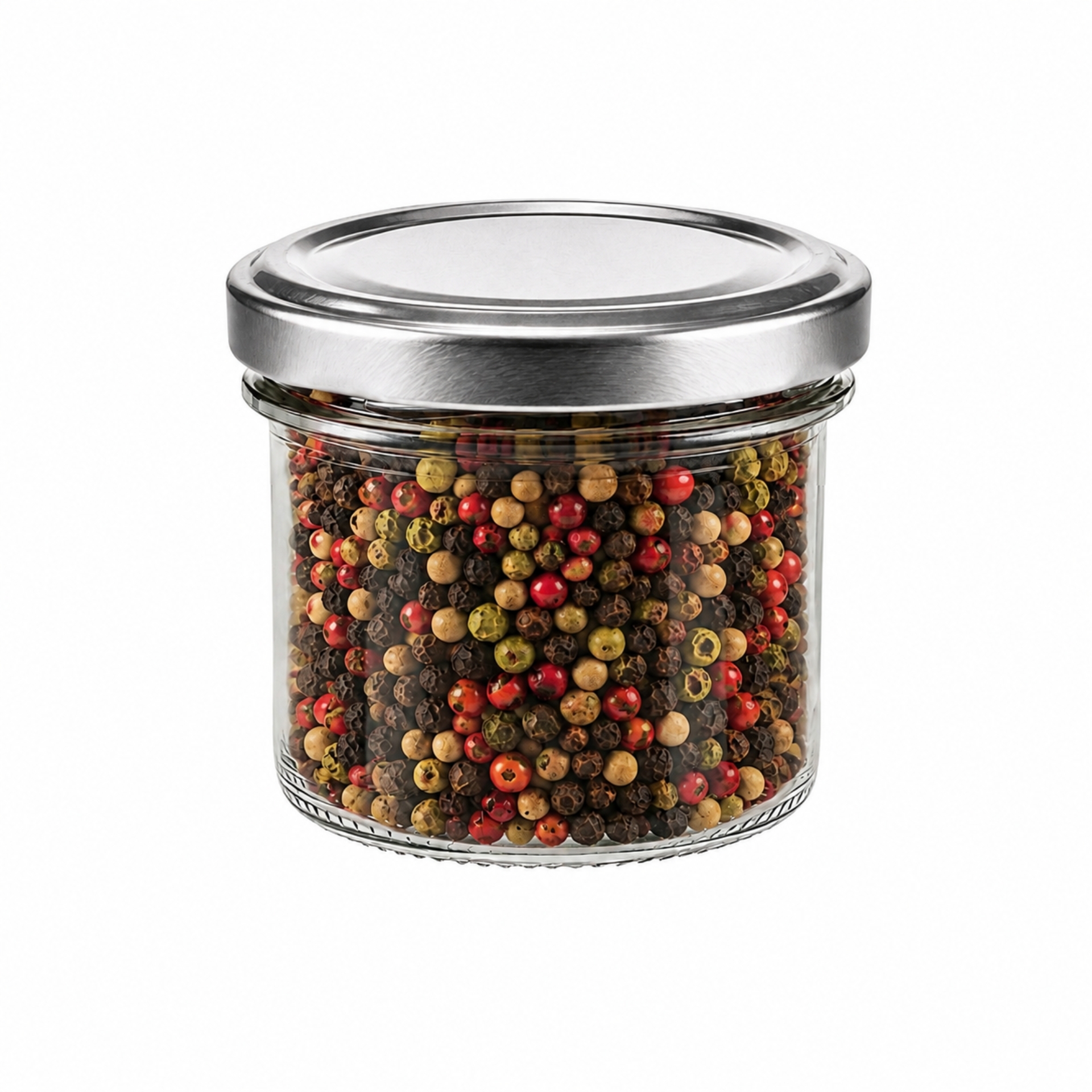 Sechs leere, klare Glasflaschen à 125 ml mit silberfarbenen Schraubverschlüssen, in zwei Reihen zu je drei Flaschen stehend, vor neutralem Hintergrund.