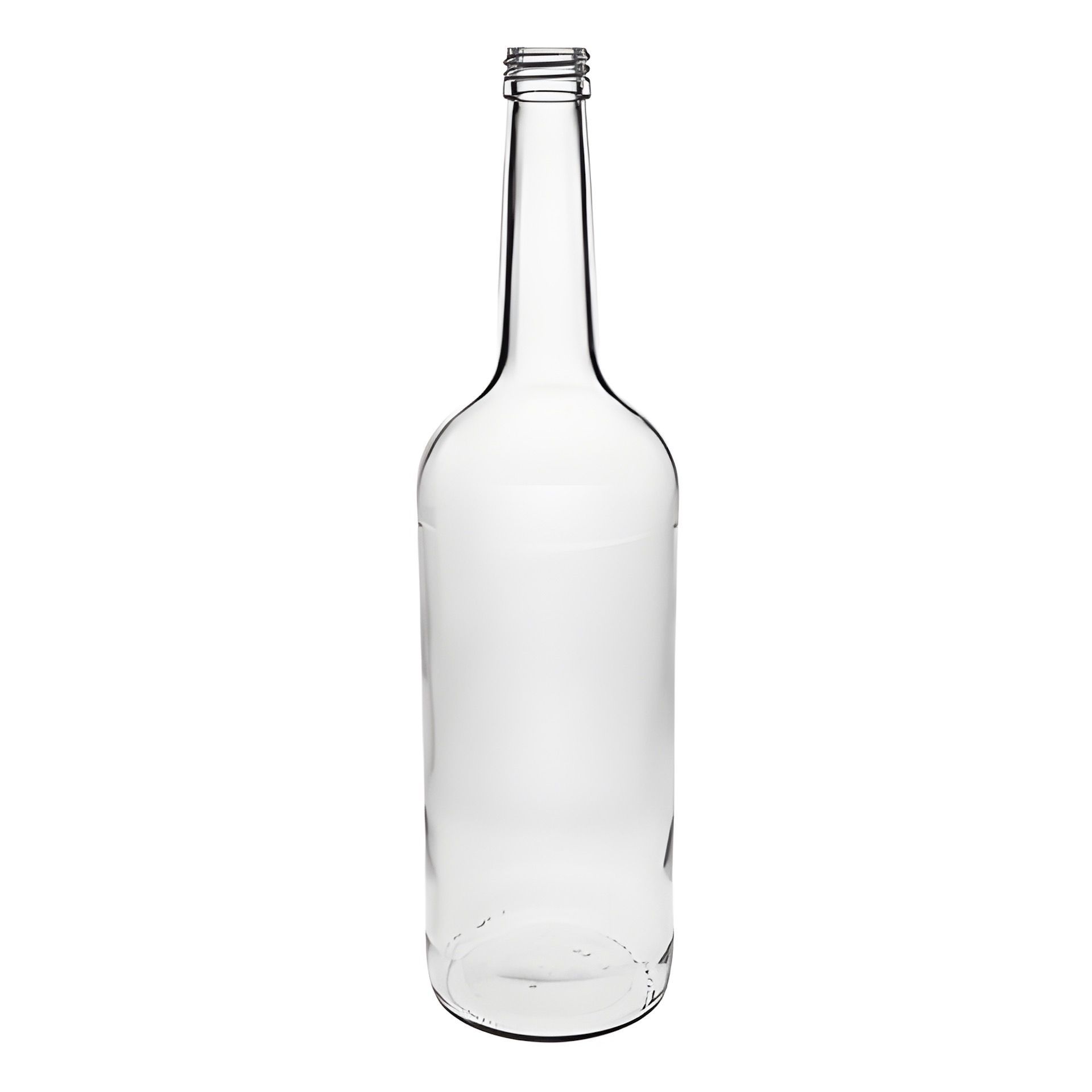 Klare 1000-ml-Glasflasche mit silbernem Schraubdeckel, stehend auf weißem Hintergrund.