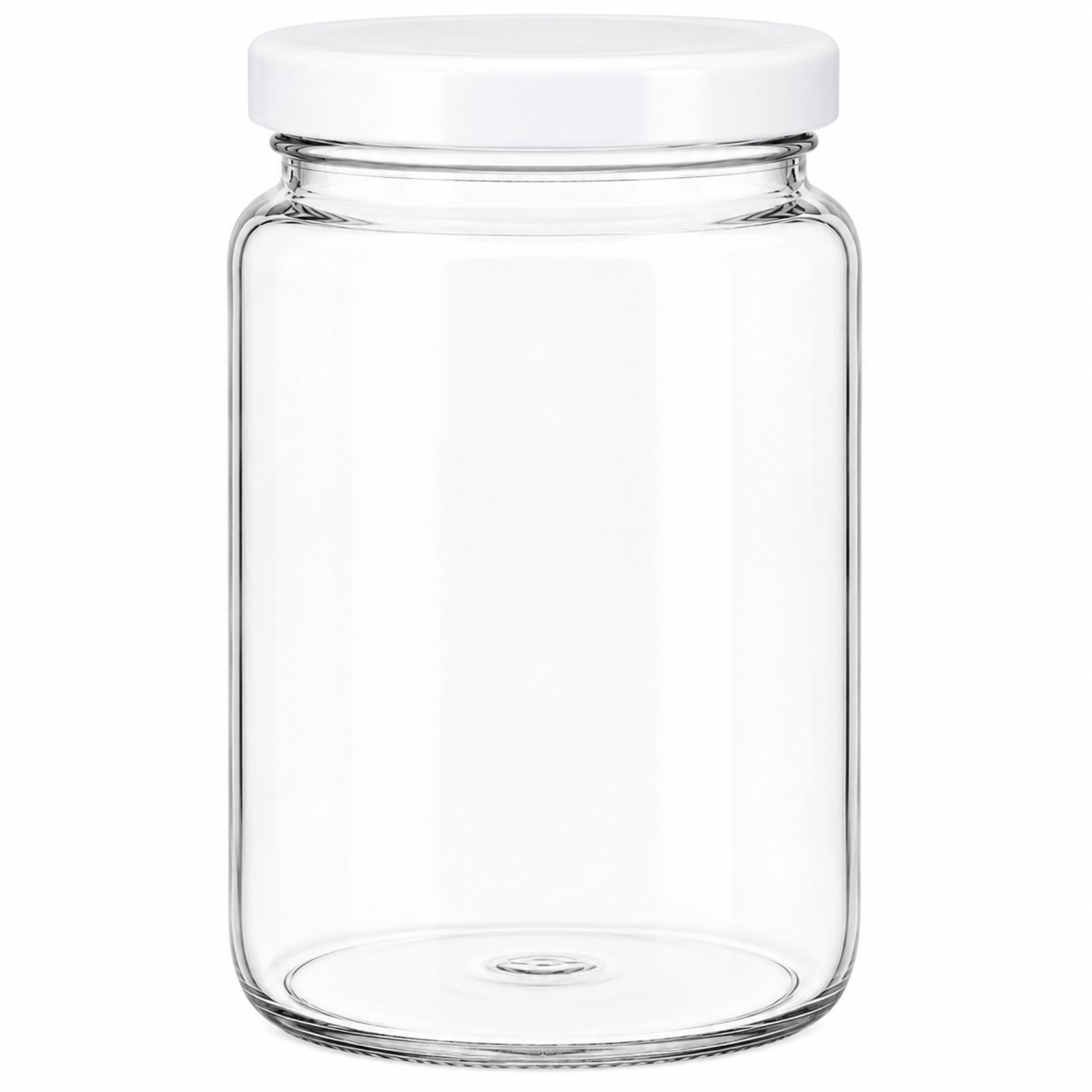 Großes, transparentes Einmachglas mit 1700 ml Fassungsvermögen, zylindrischer Form und weißem Twist-Off-Deckel, stehend vor neutralem Hintergrund.