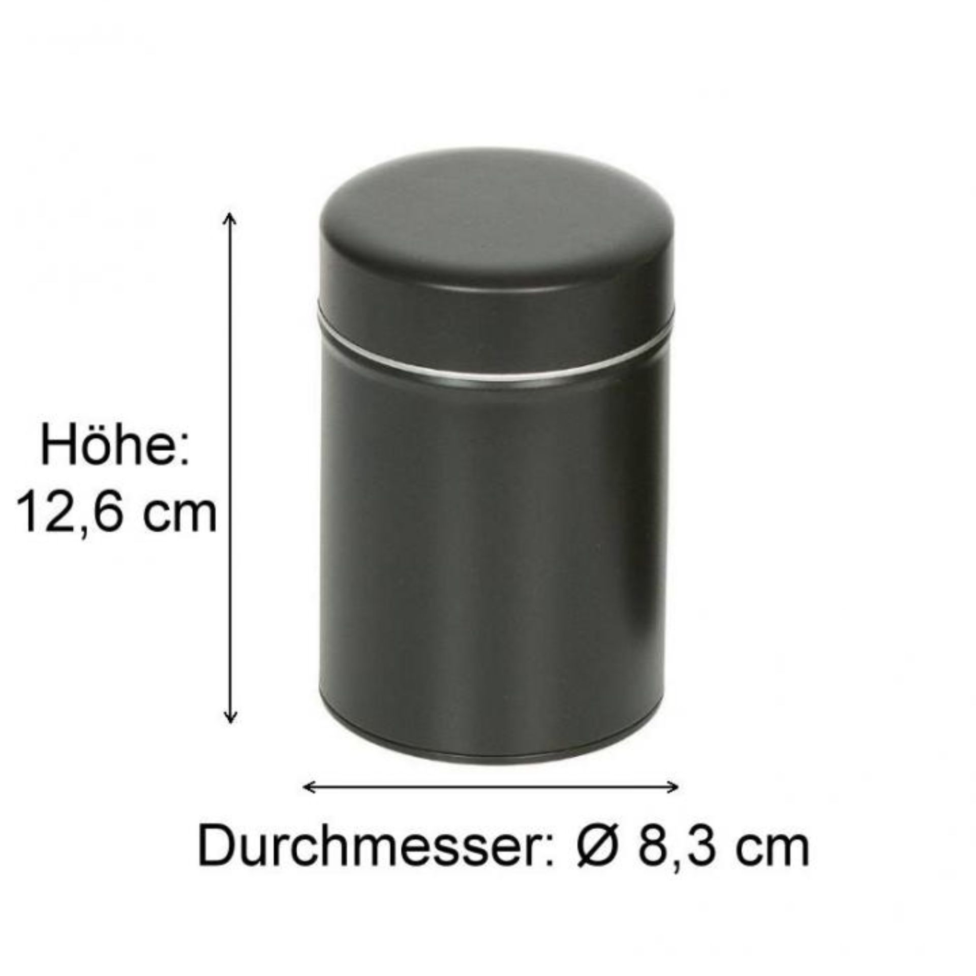 Bild einer grauen Dose mit den Maßen: Höhe 200 mm, Durchmesser 66 mm, Fassungsvermögen 0,5 Liter.