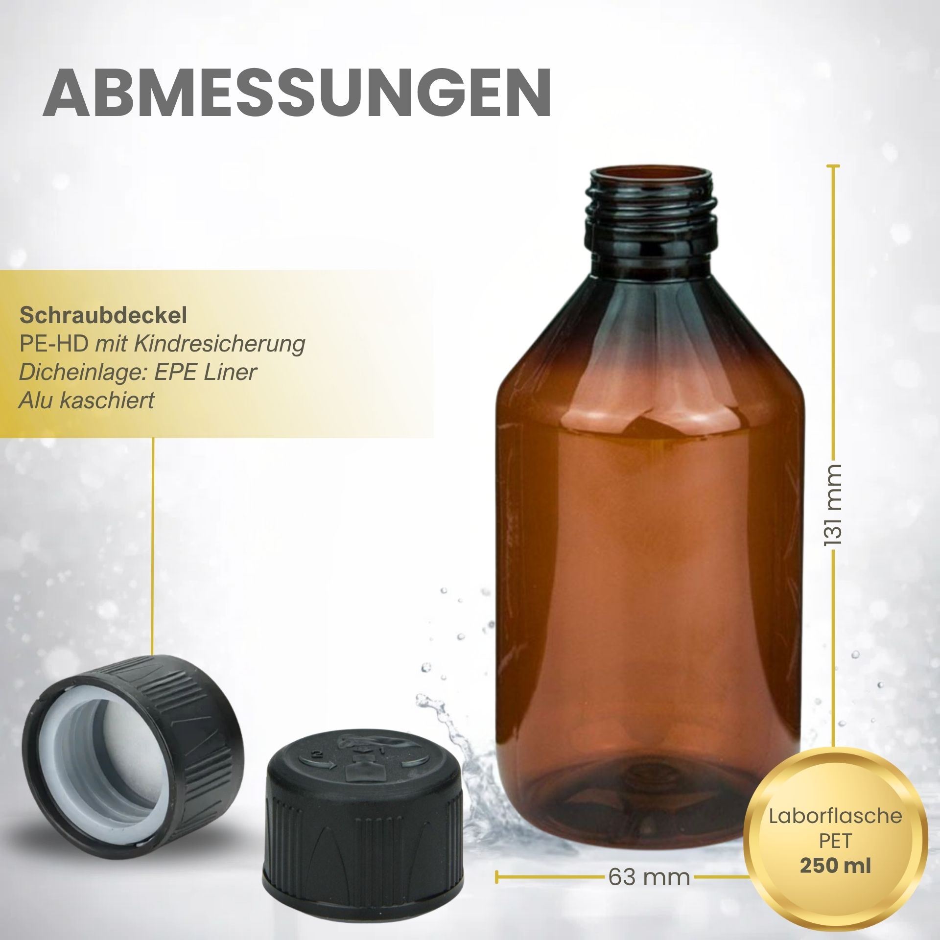 Laborflasche   250 ml braun  PET Kunststoff (Kindersicherung)