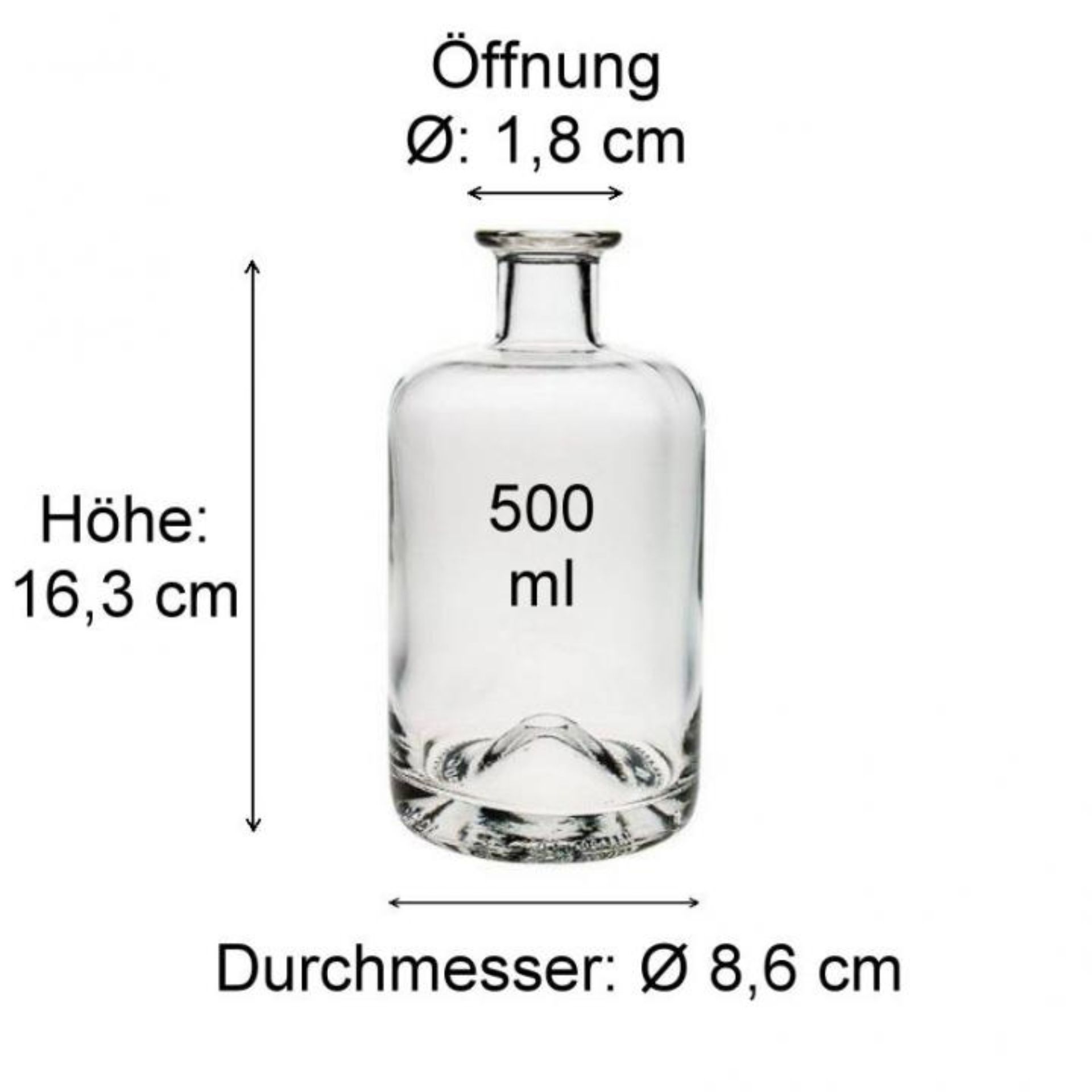 Maßzeichnung einer Glasflasche mit detaillierten Abmessungen - Flaschendesign, Höhe, Durchmesser, Fassungsvermögen - Produktbild für Flaschen, Gläser und Dosen Webseite