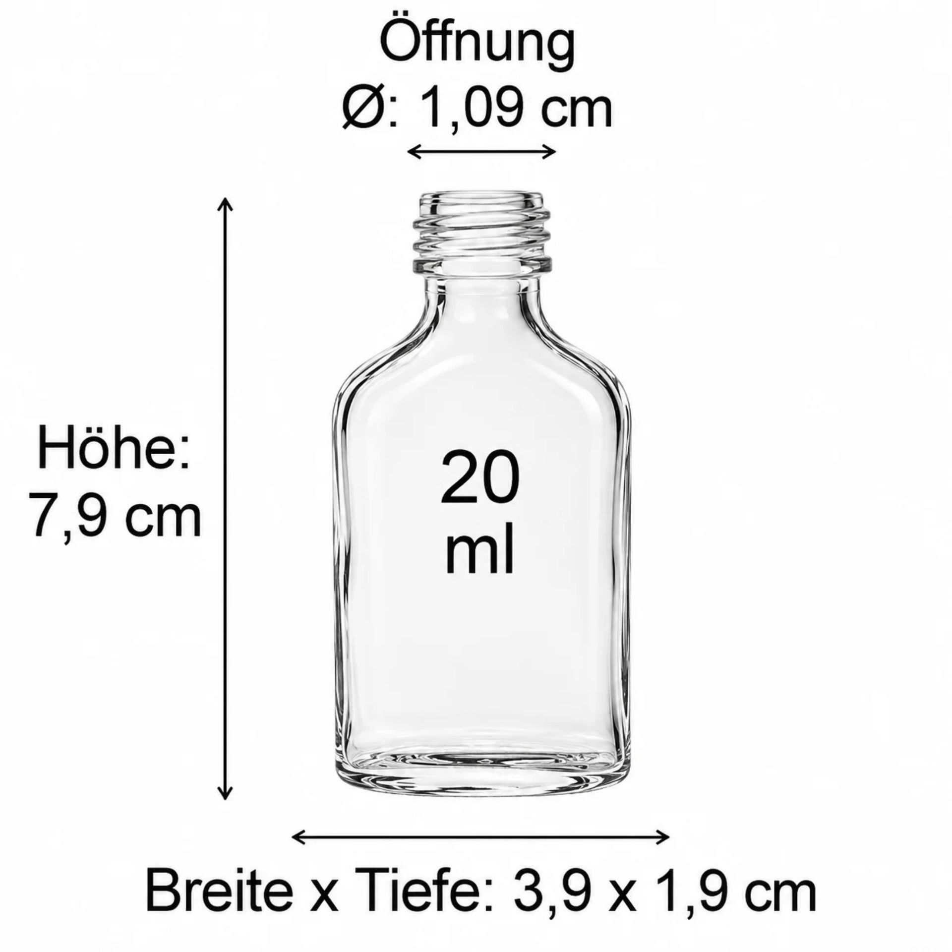 Kleine, zylindrische 20-ml-Glasflasche mit transparentem Glas und goldenem Schraubdeckel, stehend auf weißem Hintergrund.