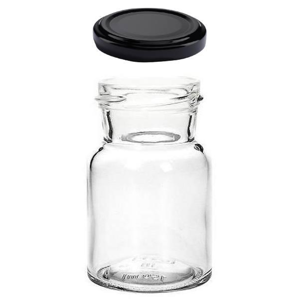 Einmachglas 150 ml Rundglas mit schwarzem Deckel, ideal für Konfitüren, Gelees und Eingemachtes, hochwertiges Glasdesign für Lebensmittelaufbewahrung.