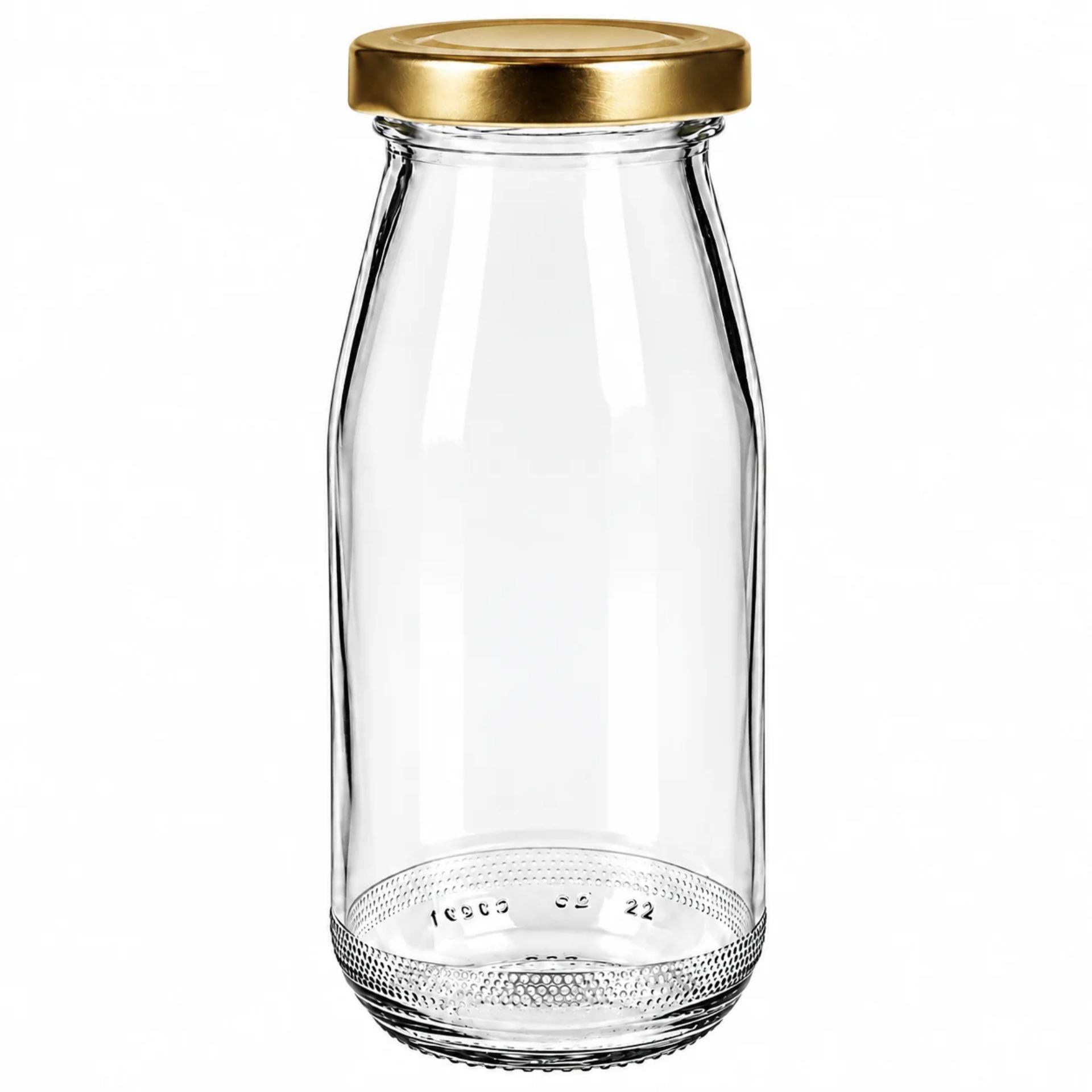 Glasflasche 283 ml im Vintage-Milchflaschen-Design mit wahlweise goldenem oder silbernen Deckel, ideal für Getränkepräsentationen und Aufbewahrung.
