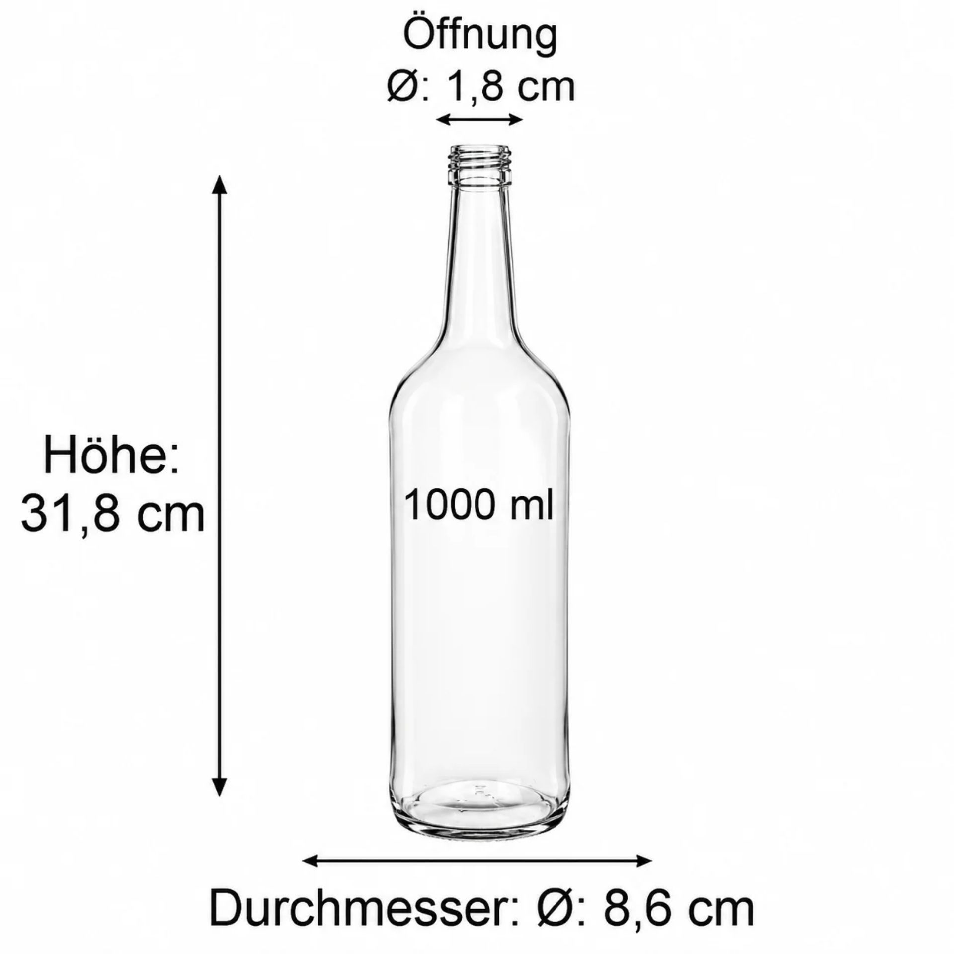 Glasflasche 1000 ml mit rundem Design und silberfarbener Verschlusskappe – ideal für Getränke und flüssige Produkte, hochwertig und stilvoll.
