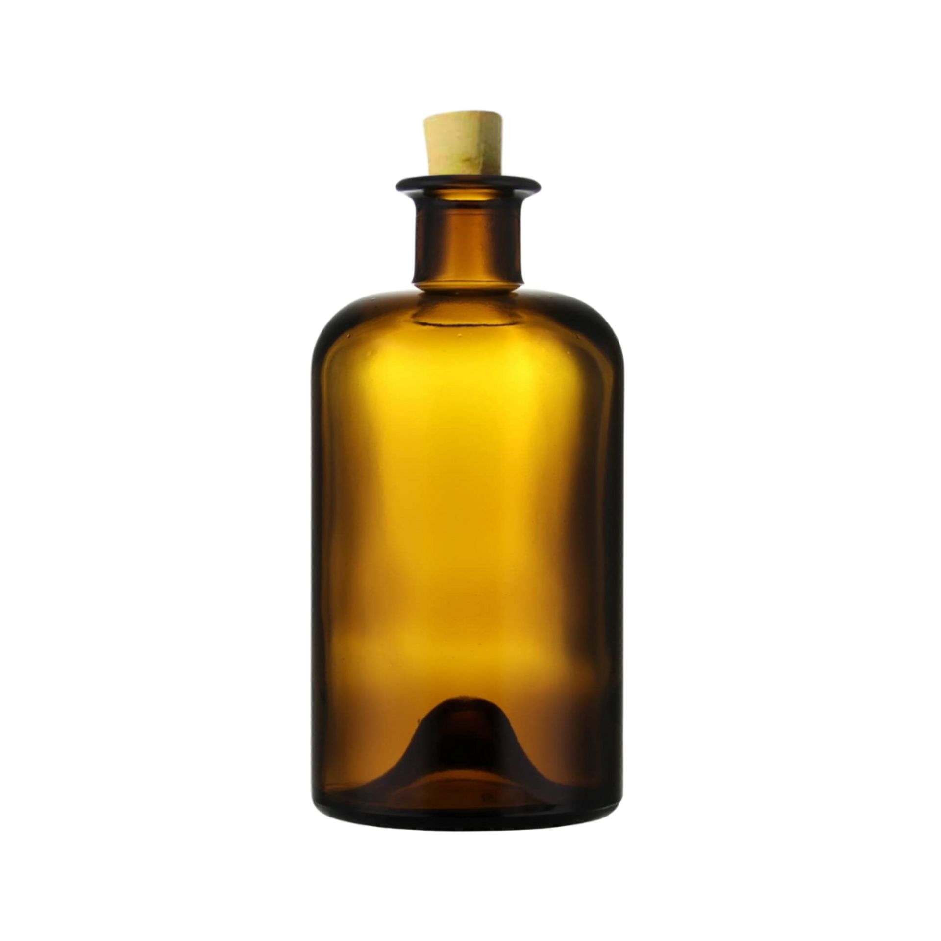 Braune Glasflasche mit Korken 500 ml - Ideal für Getränke und Dekoration Braune Glasflasche mit 500 ml Volumen, stehend auf weißem Hintergrund, verschlossen mit einem Naturkorken.