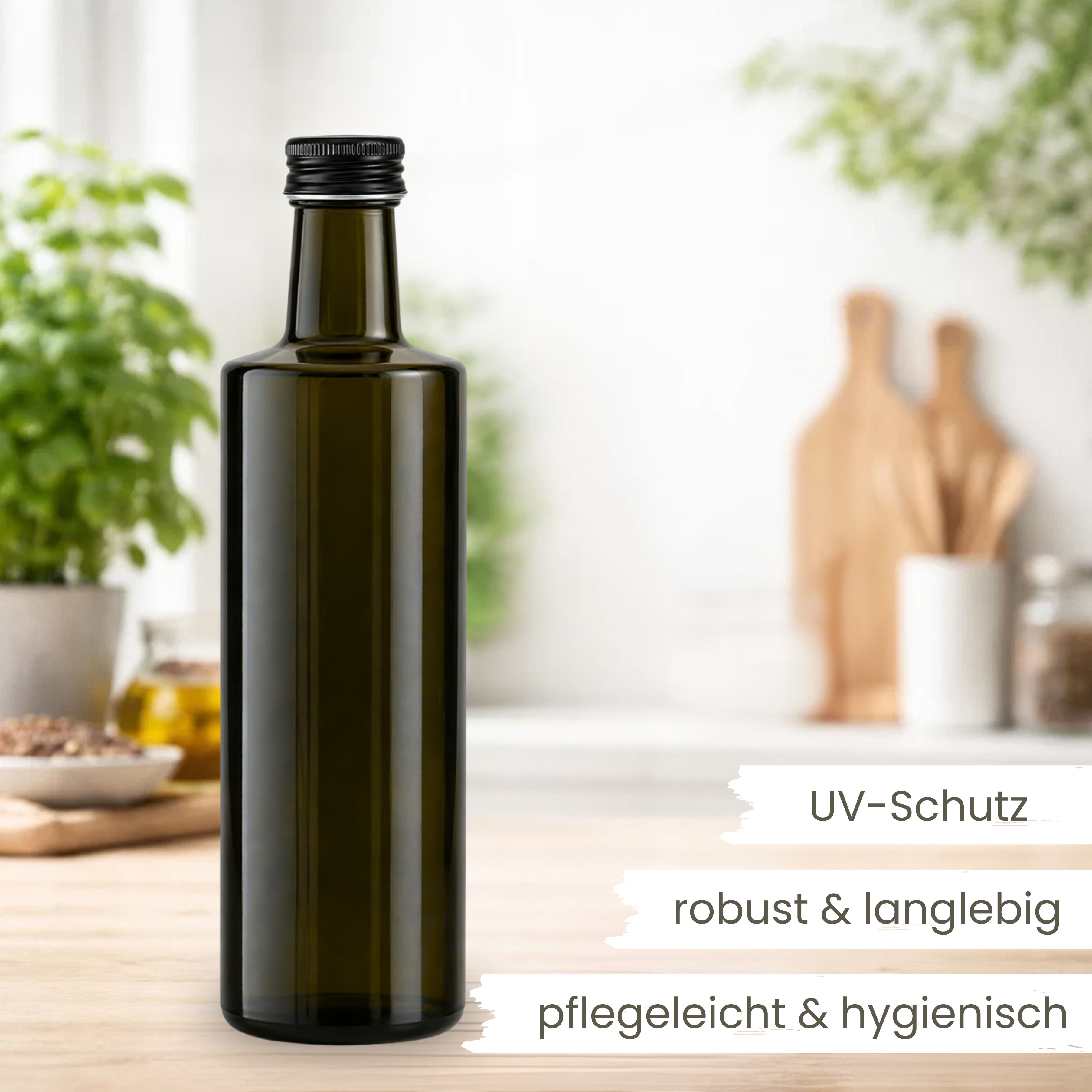 Glasflasche 500 ml rund braun Ölflasche Deckel Schwarz