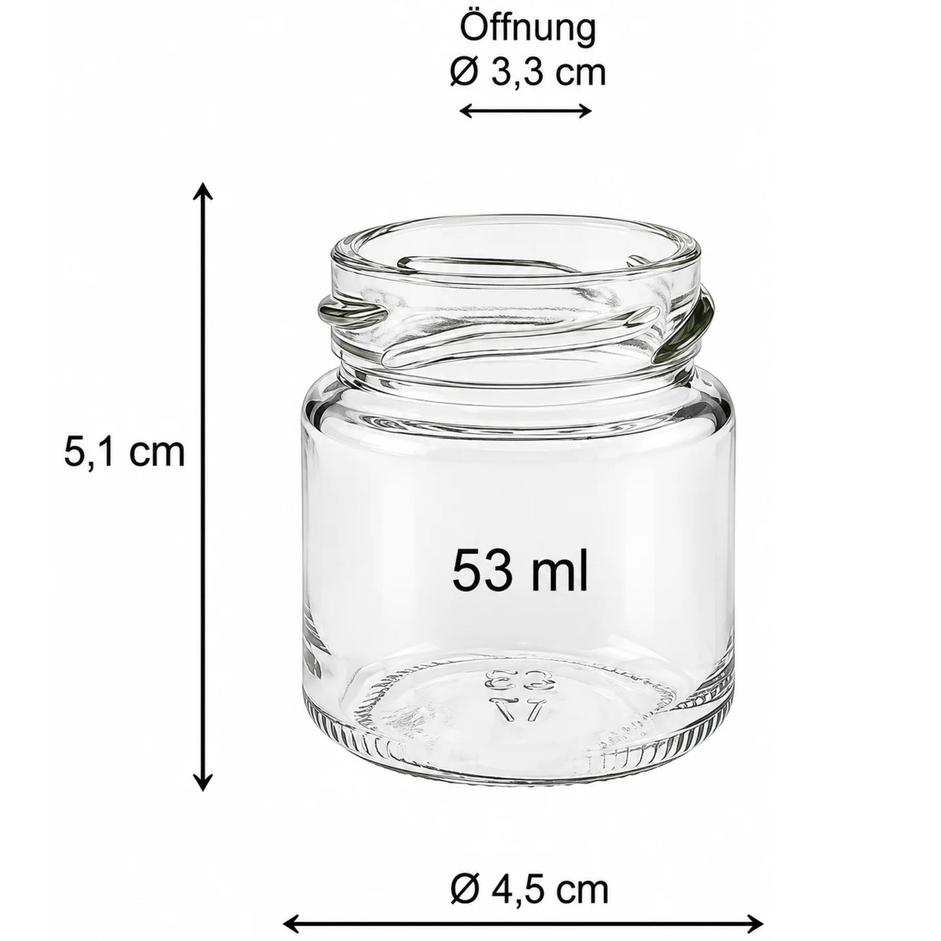 Ein kleines, rundes Einmachglas mit 53 ml Fassungsvermögen, geeignet für Marmeladen, Gewürze oder Dips - ideal für den Haushaltsgebrauch oder als Gastgeschenk.