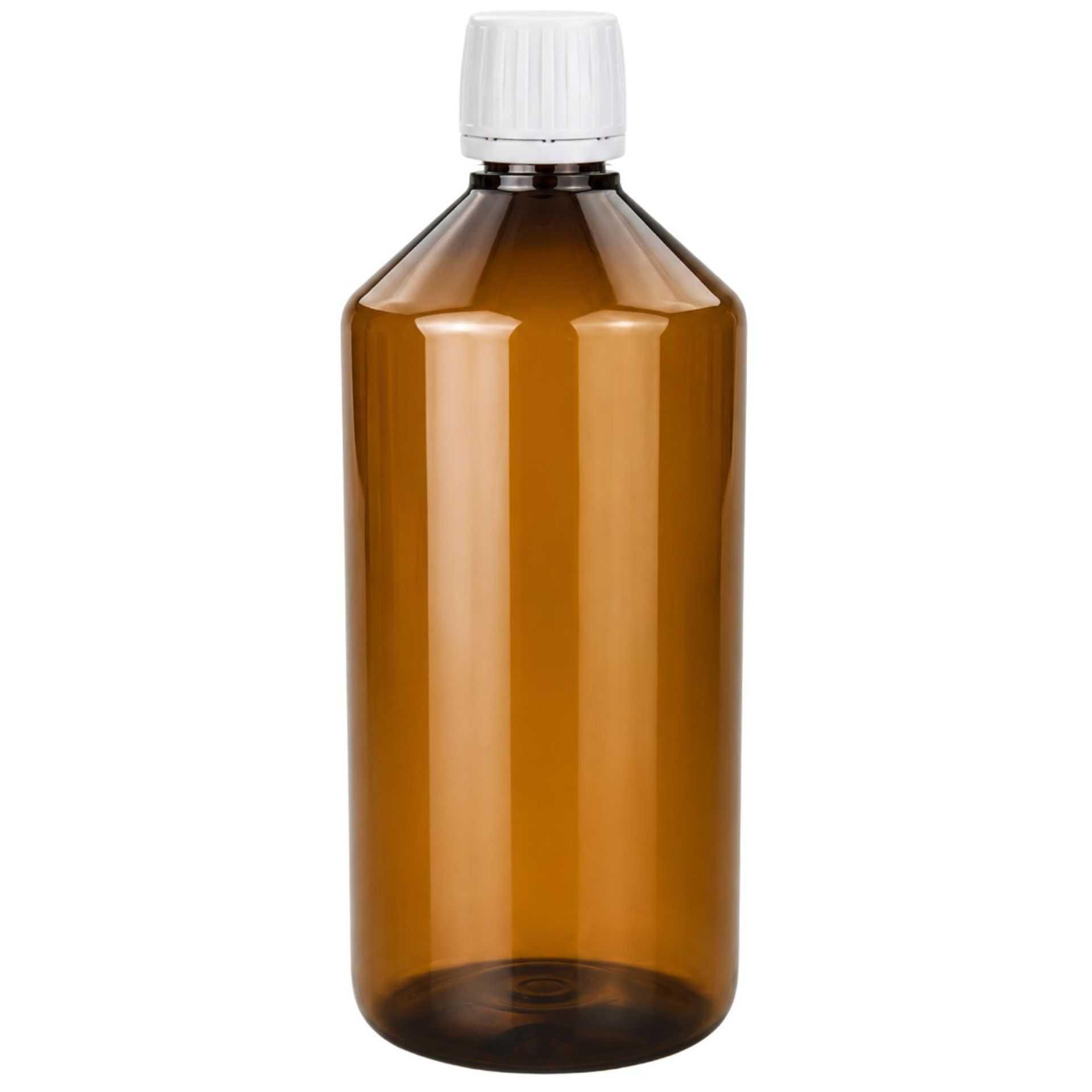 Klare, weiße 1000-ml-Apothekerflasche aus PET-Kunststoff mit weißem PP28-Ausgießer, stehend auf weißem Hintergrund.