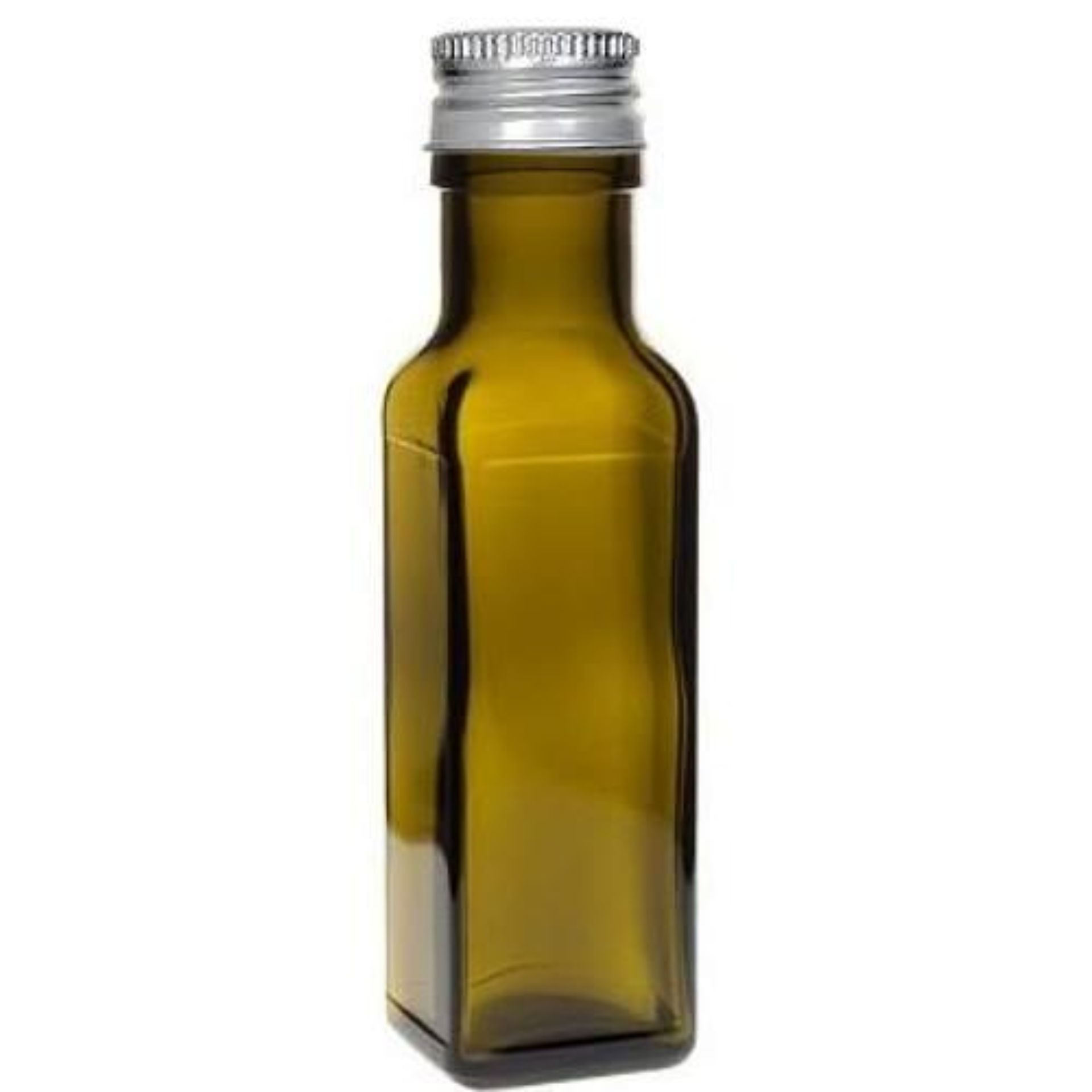 Braun 100 ml Flasche mit silbernem Verschluss Braune Glasflasche mit 100 ml Fassungsvermögen und silbernem Schraubverschluss, neutral vor weißem Hintergrund fotografiert.