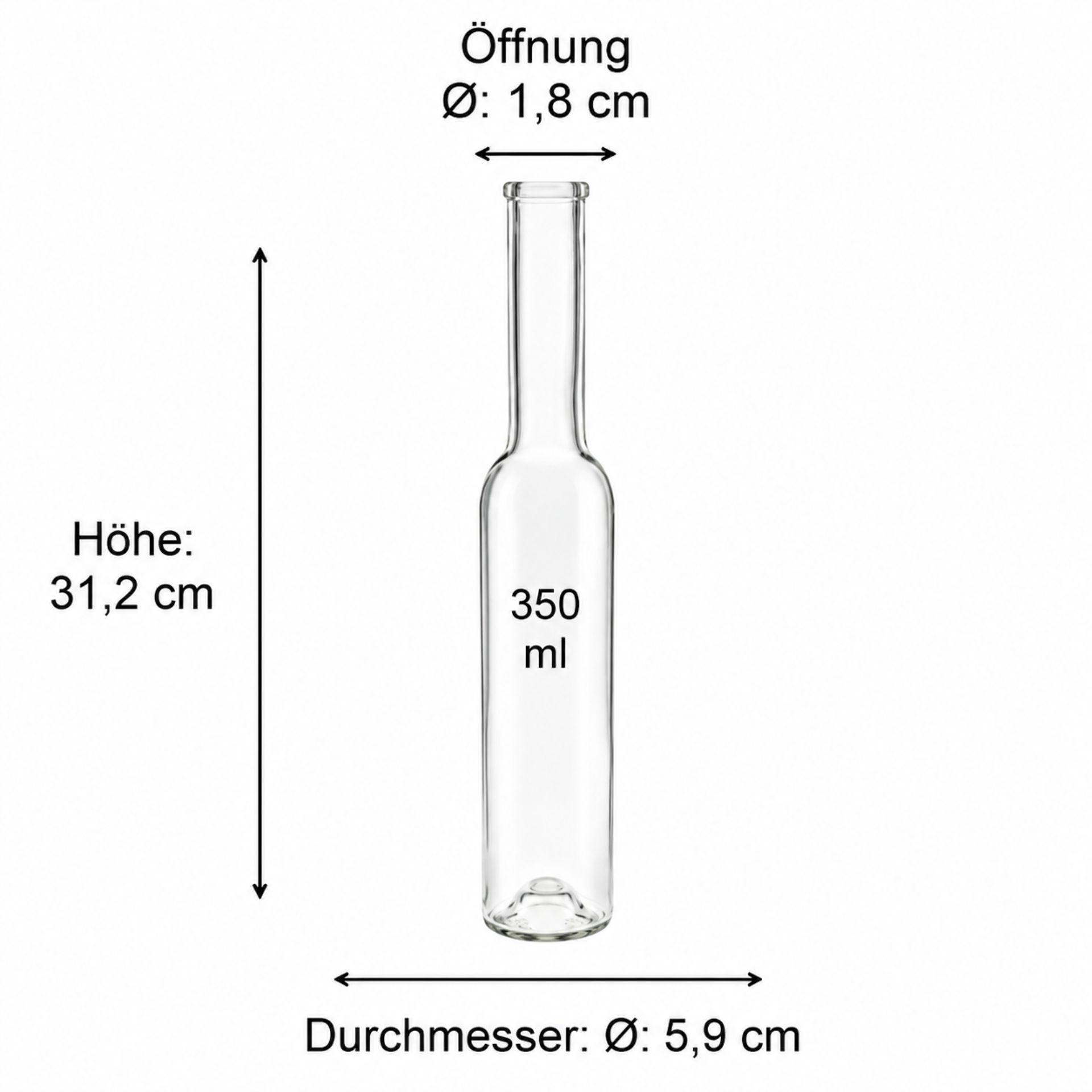 Bild einer leeren, transparenten 350 ml Operaglasflasche mit elegantem Design, geeignet für Säfte, Wasser oder alkoholische Getränke, hergestellt aus hochwertigem Glas, erhältlich auf flaschen-glaeser-und-dosen.de.
