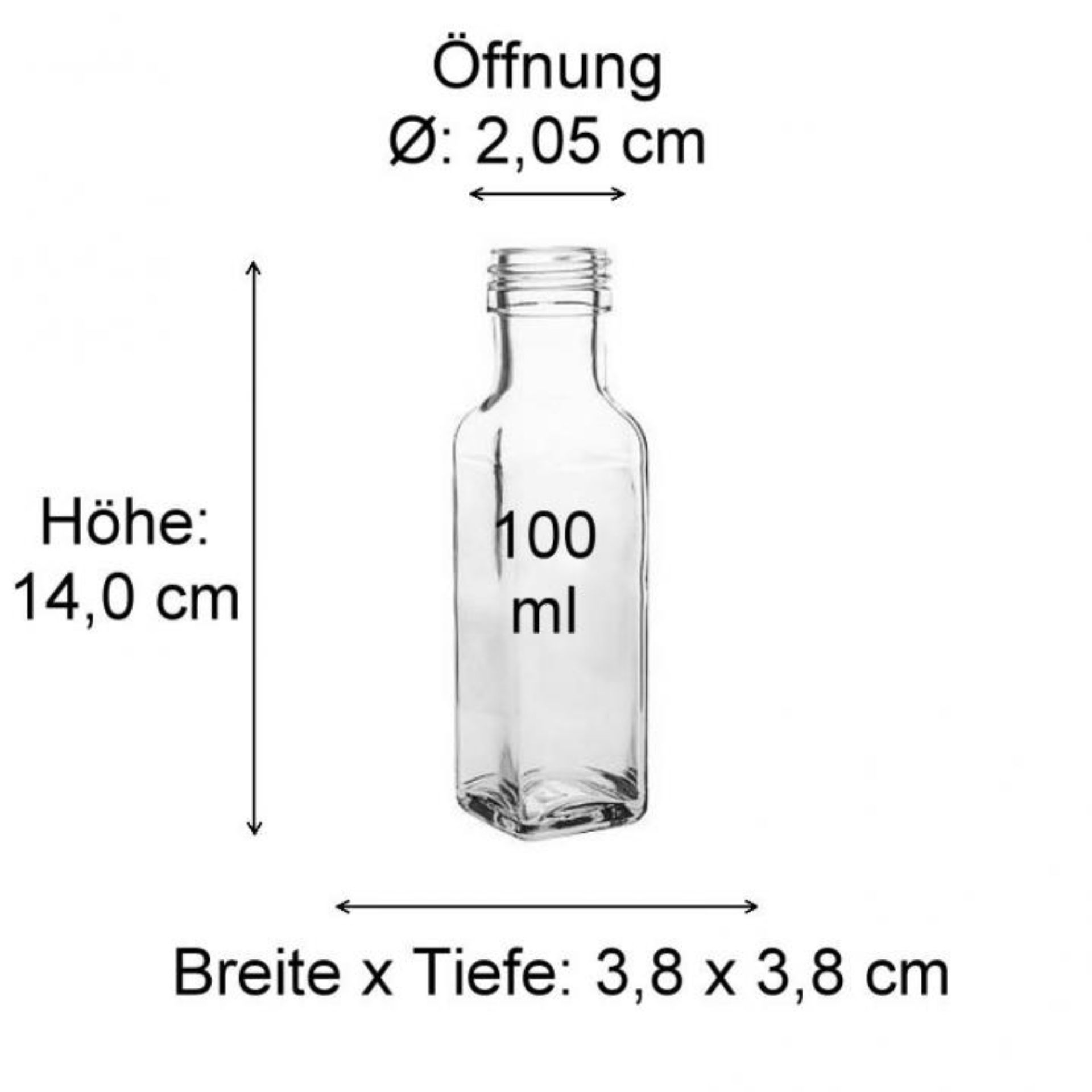 Quadratische 100 ml Glasflasche – Klare quadratische Flasche mit 100 ml Fassungsvermögen, ideal für Proben, Öle oder Flüssigkeiten in hochwertigem Glasdesign.