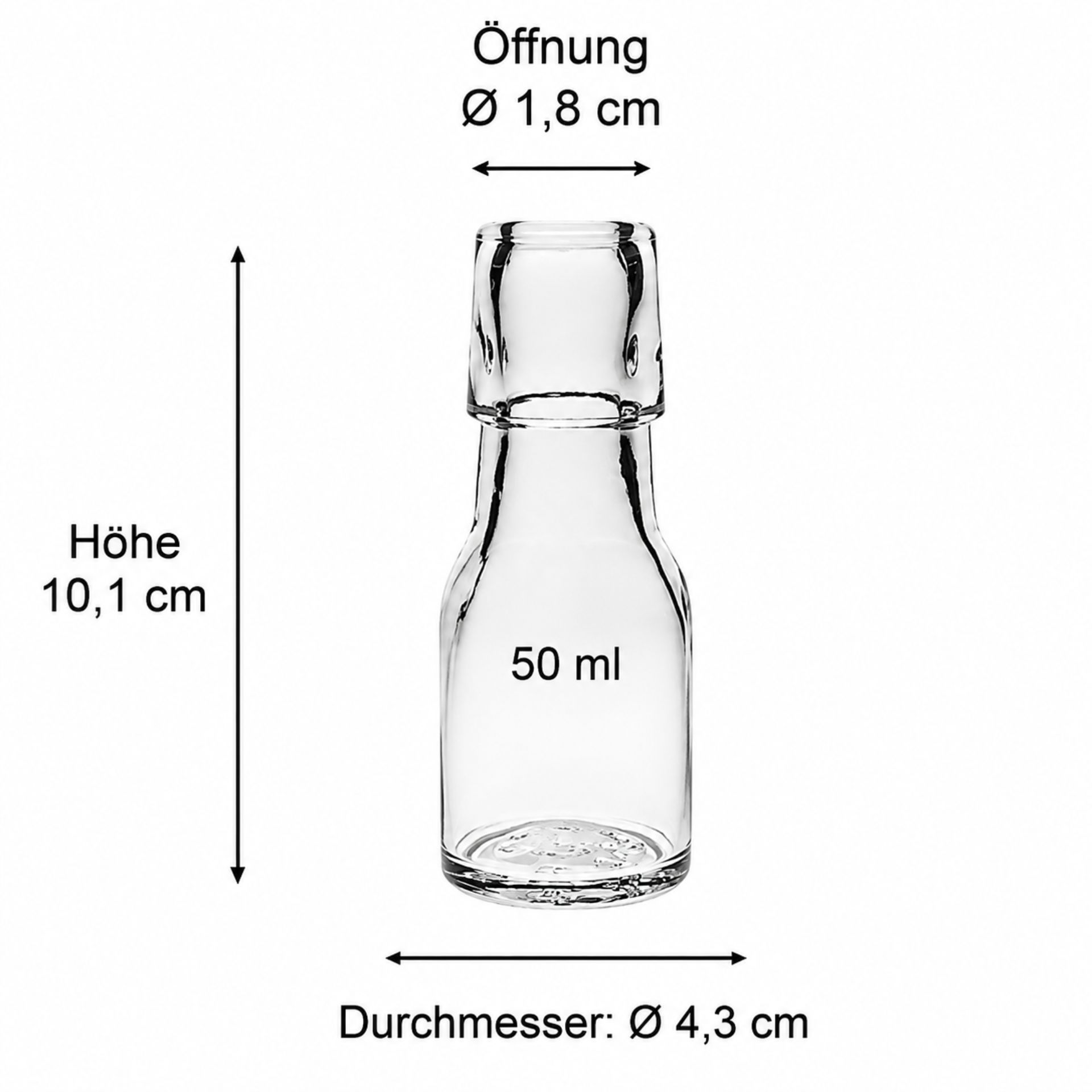 Glasflasche 50 ml mit Bügelverschluss, transparentes Design, ideal für Aufbewahrung von Flüssigkeiten oder Dekoration, hochwertiges Glas, wiederverwendbar und umweltfreundlich.