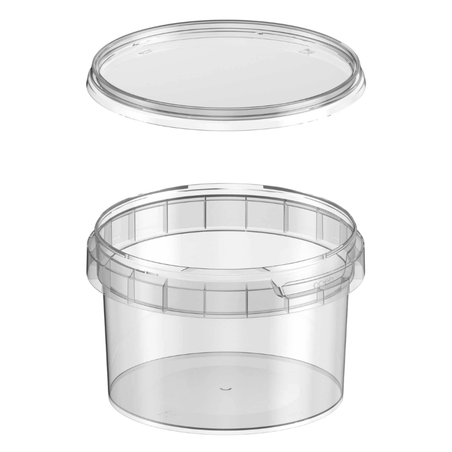 Runder, transparenter 240-ml-Kunststoffbehälter mit passendem Stülpdeckel aus klarem Kunststoff, leer und auf hellem Hintergrund stehend.