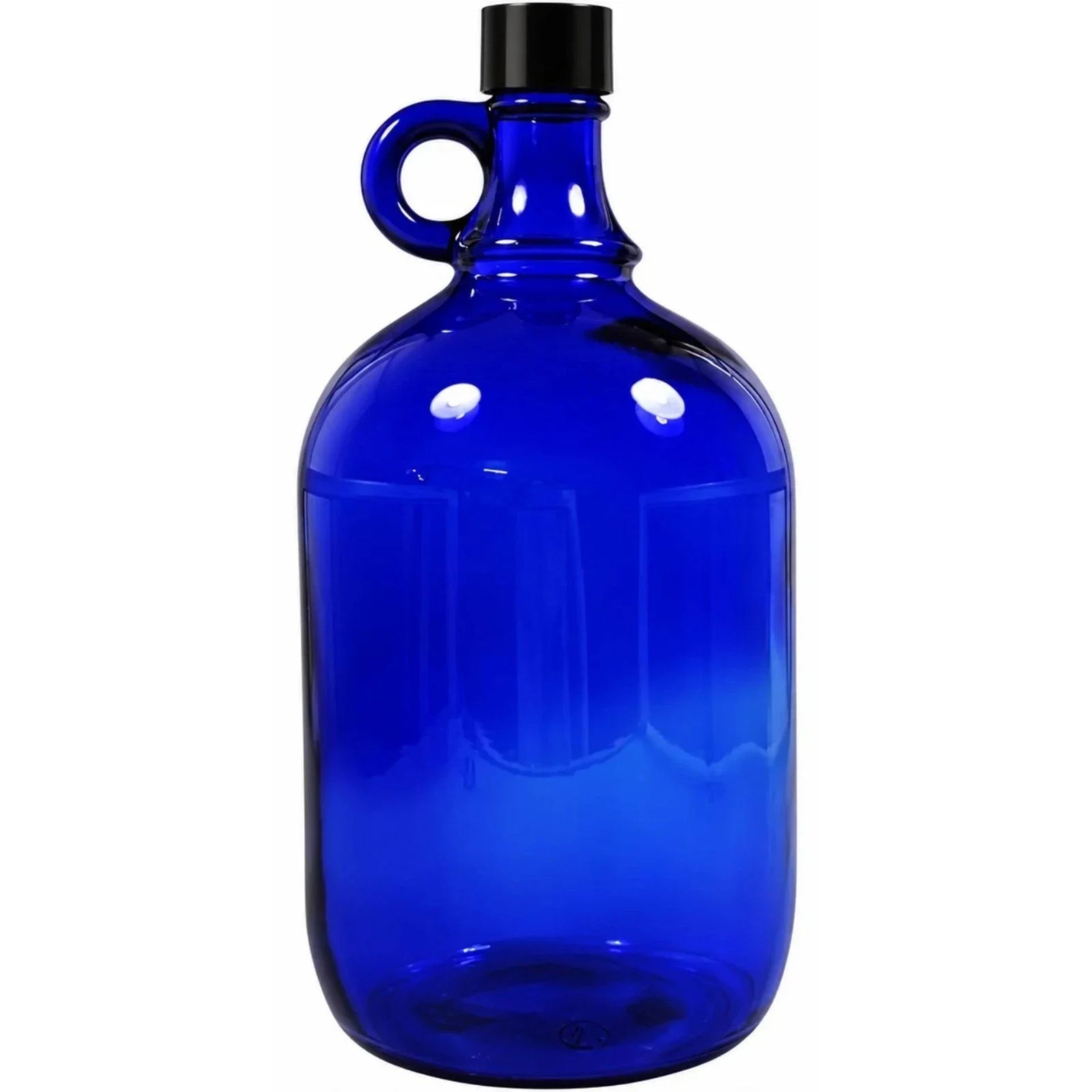 Große blaue Glasflasche mit einem Fassungsvermögen von 2000 ml, ausgestattet mit schwarzem Schraubdeckel und seitlichem Henkel, stehend vor neutralem Hintergrund.