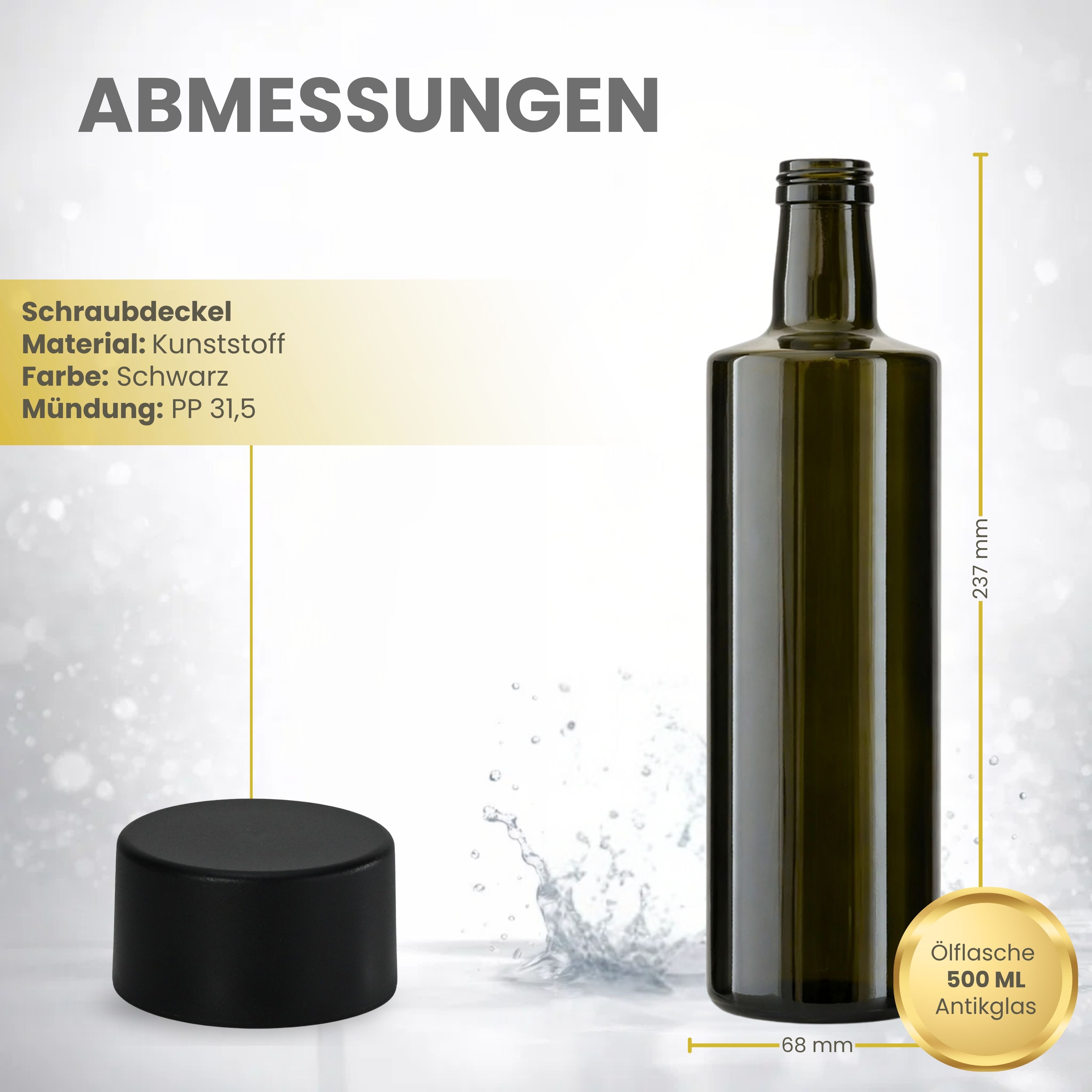 Glasflasche 500 ml rund braun Ölflasche Deckel Schwarz Alu/Kunststoff