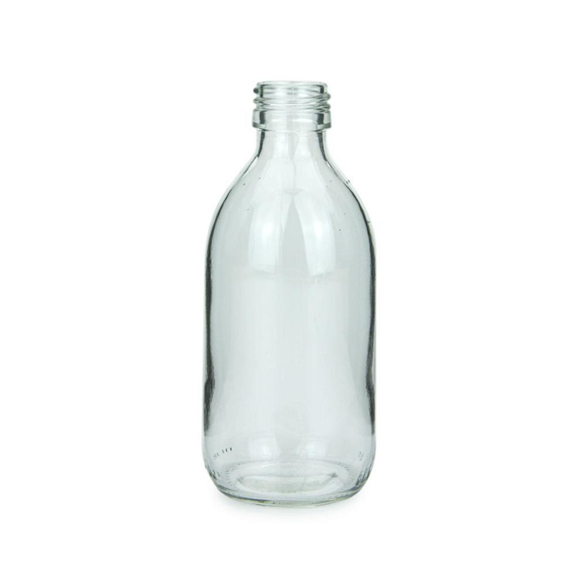 Klare 250-ml-Glasflasche mit geradem Hals und Schraubgewinde, stehend auf weißem Hintergrund.