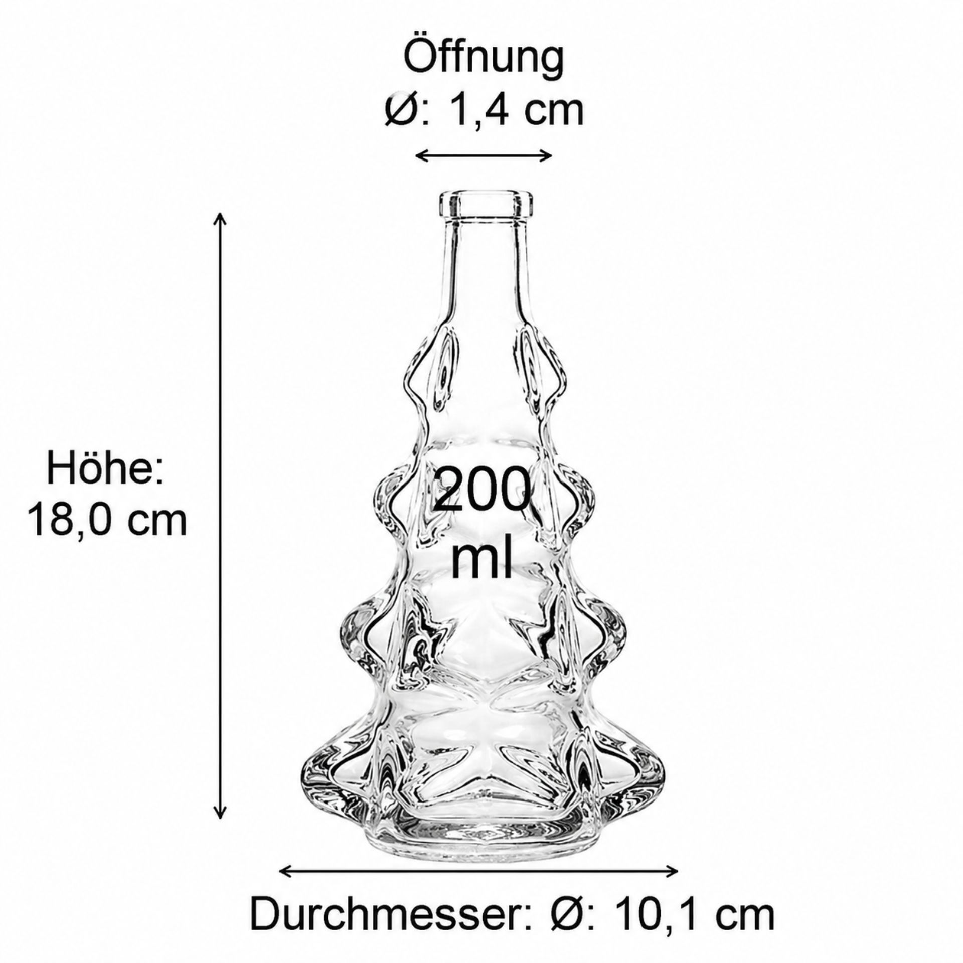 Bild eines dekorativen leeren Glasbehälters in Tannenbaumform mit einem Fassungsvermögen von 200 ml, geeignet zur Aufbewahrung von Flüssigkeiten oder festen Lebensmitteln, ideal für weihnachtliche Dekorationen oder als originelles Geschenk.