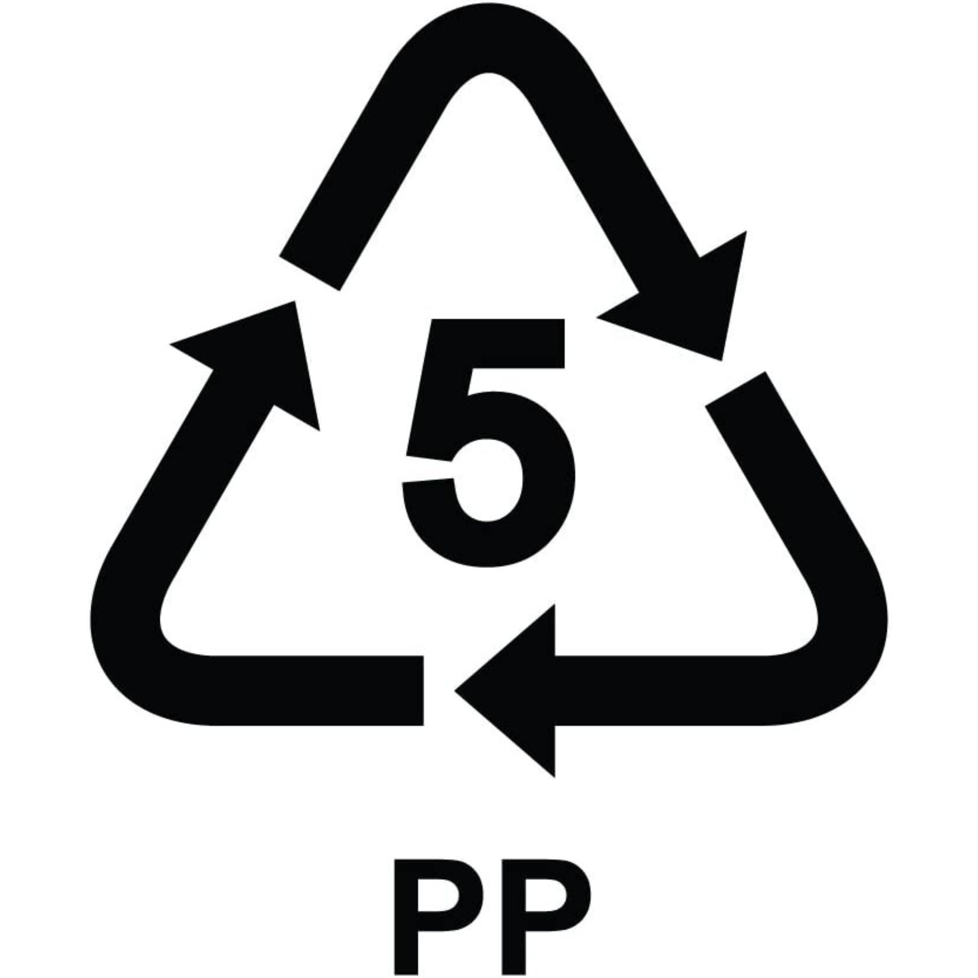 Fünf gestapelte farbige Kunststoffdeckel aus Polypropylen (PP) mit Recycling-Symbol, jeweils nummeriert von 1 bis 5, auf weißem Hintergrund.