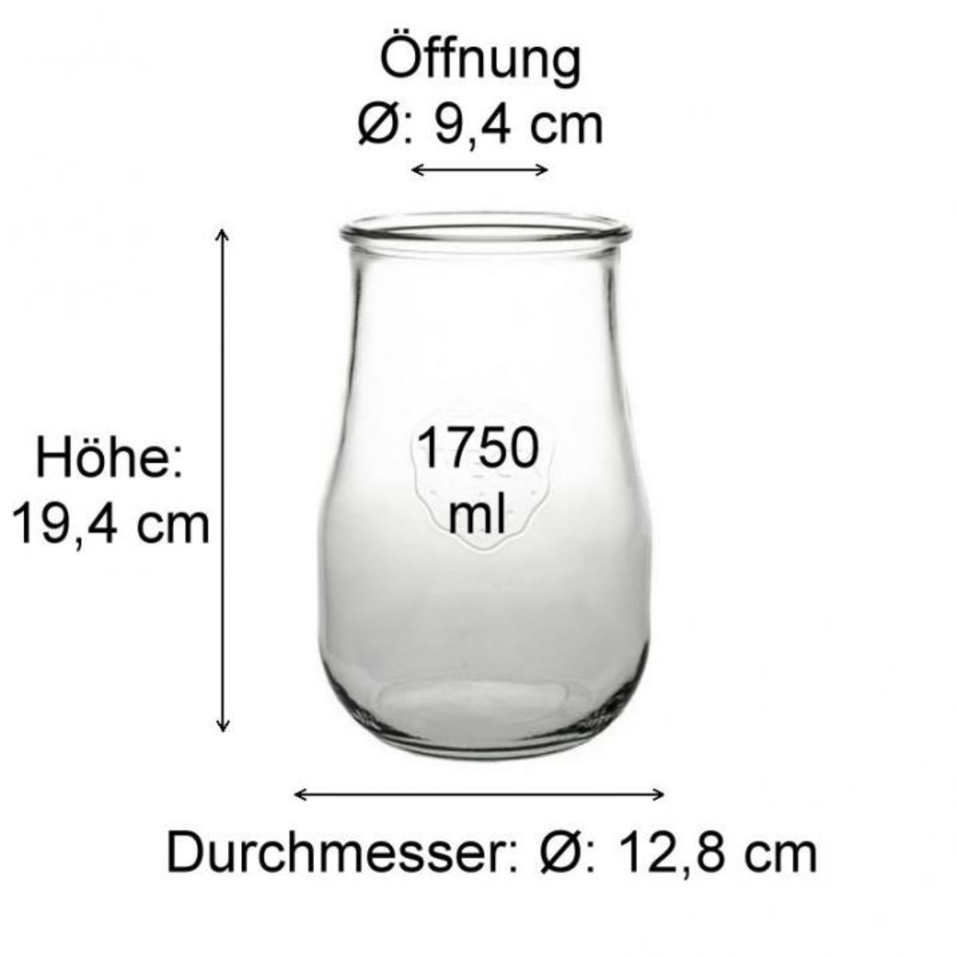 WECK 1700 ml Einmachglas mit Glasdeckel, Gummiring und Metallklammern für Einmachen und Konservieren von Lebensmitteln, hochauflösendes Bild mit Fokus auf Glasstruktur und Details.
