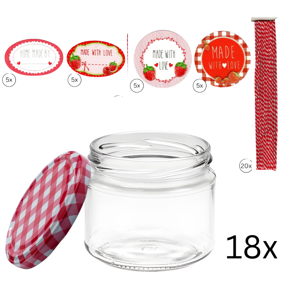 Set 18 Einmachgläser 330 ml Rundglas mit rot-weiß kartiertem Deckel