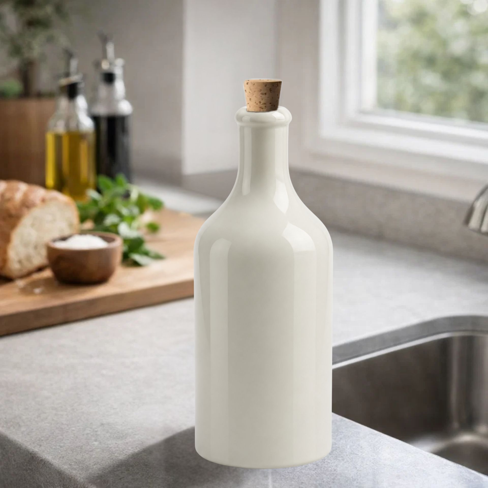 Ölflasche 500 ml Steingut Cremeweiß mit Korken