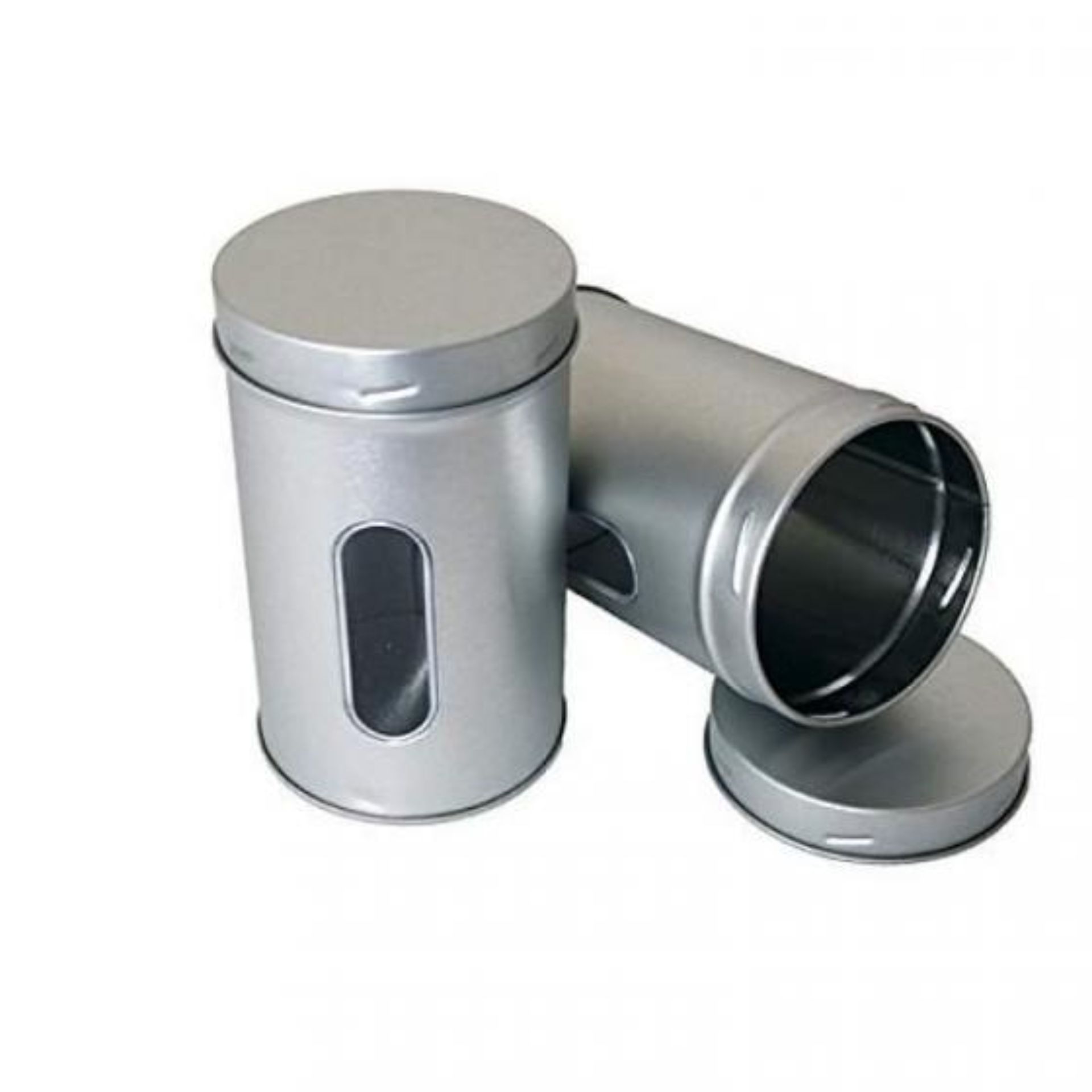Runde Metalldose mit Sichtfenster, Maße: Durchmesser 7,5 cm, Höhe 12,5 cm. Ideal zur Aufbewahrung von Lebensmitteln oder Kleinteilen.