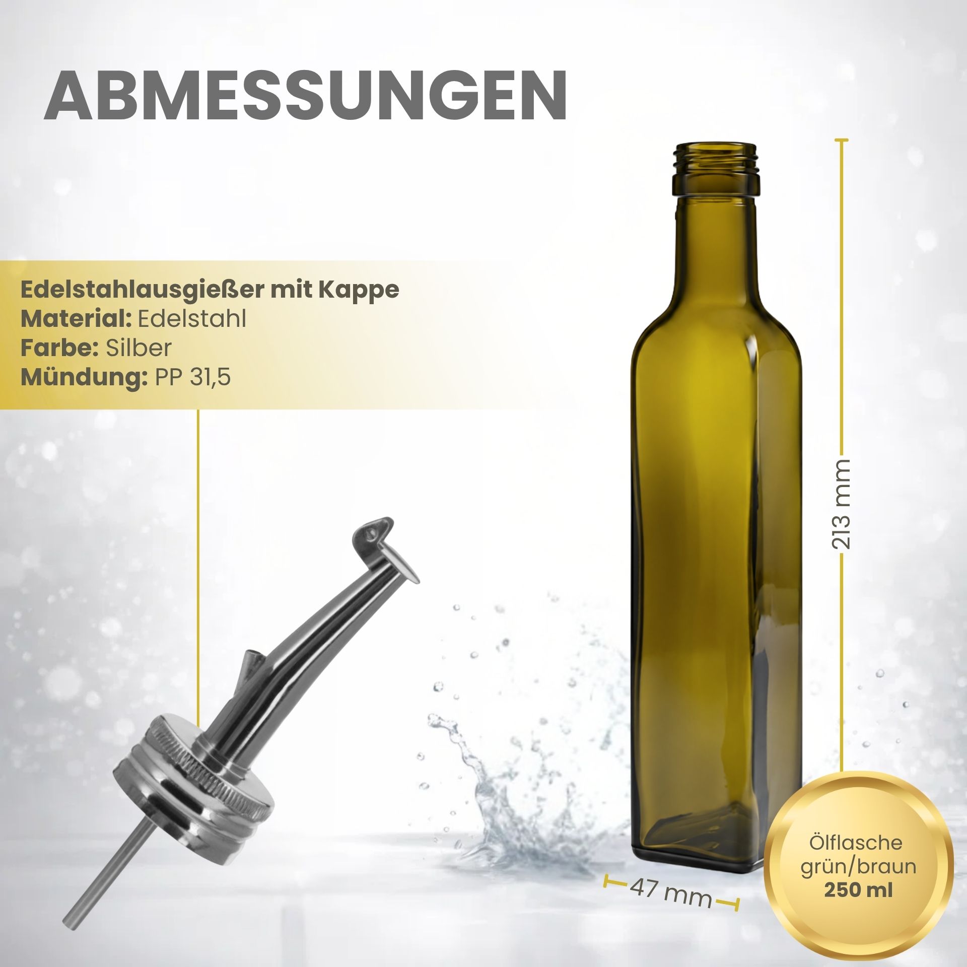 Glasflasche  250 ml eckig Marasca Antik Ölflasche mit Ausgießer Edelstahl