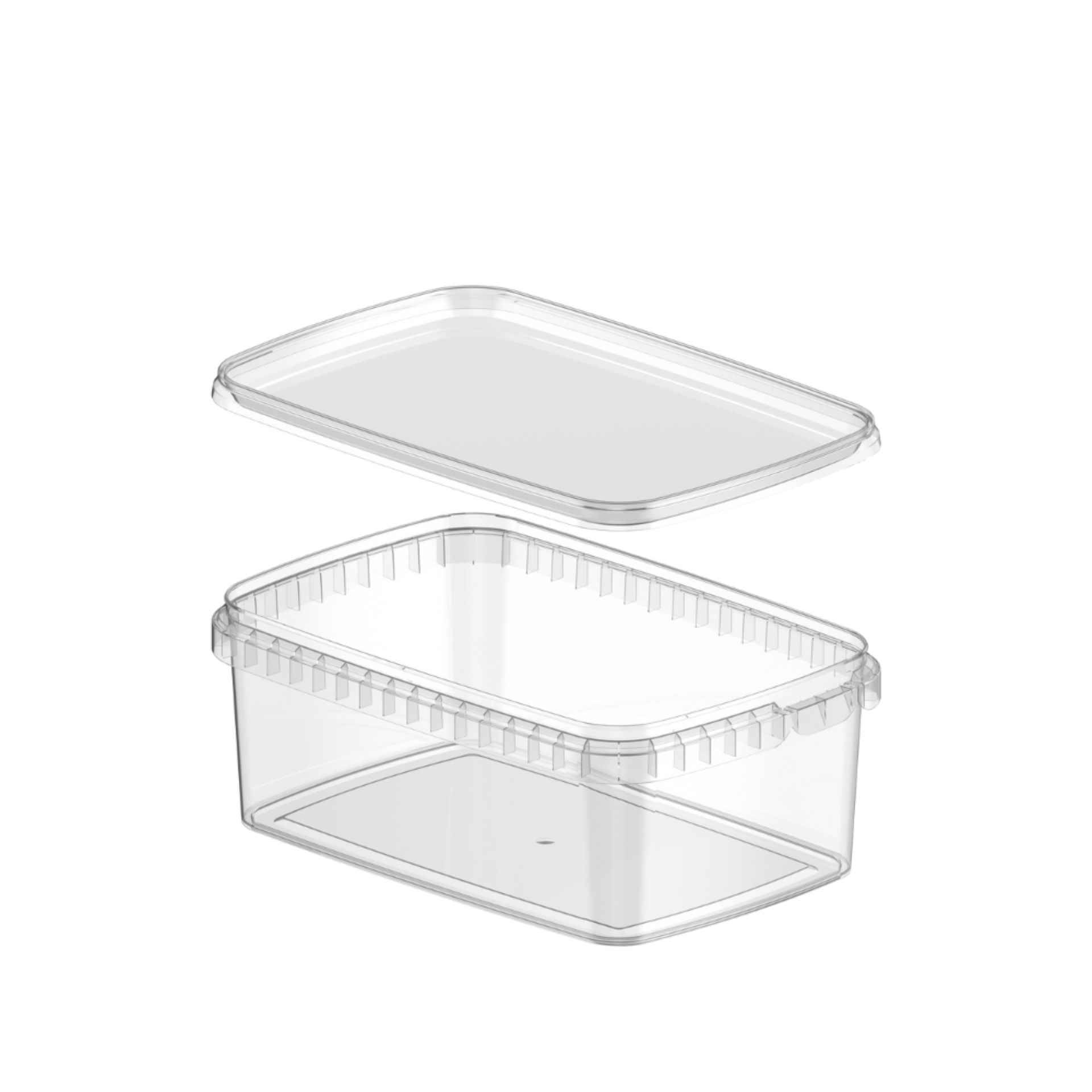 Feinkostbecher-eckig-mit-Deckel-1200ml-transparent-VIRA1PS921200 Transparenter, rechteckiger Kunststoff-Feinkostbecher mit passendem Deckel, Fassungsvermögen 1200 ml, leer und vor weißem Hintergrund stehend.