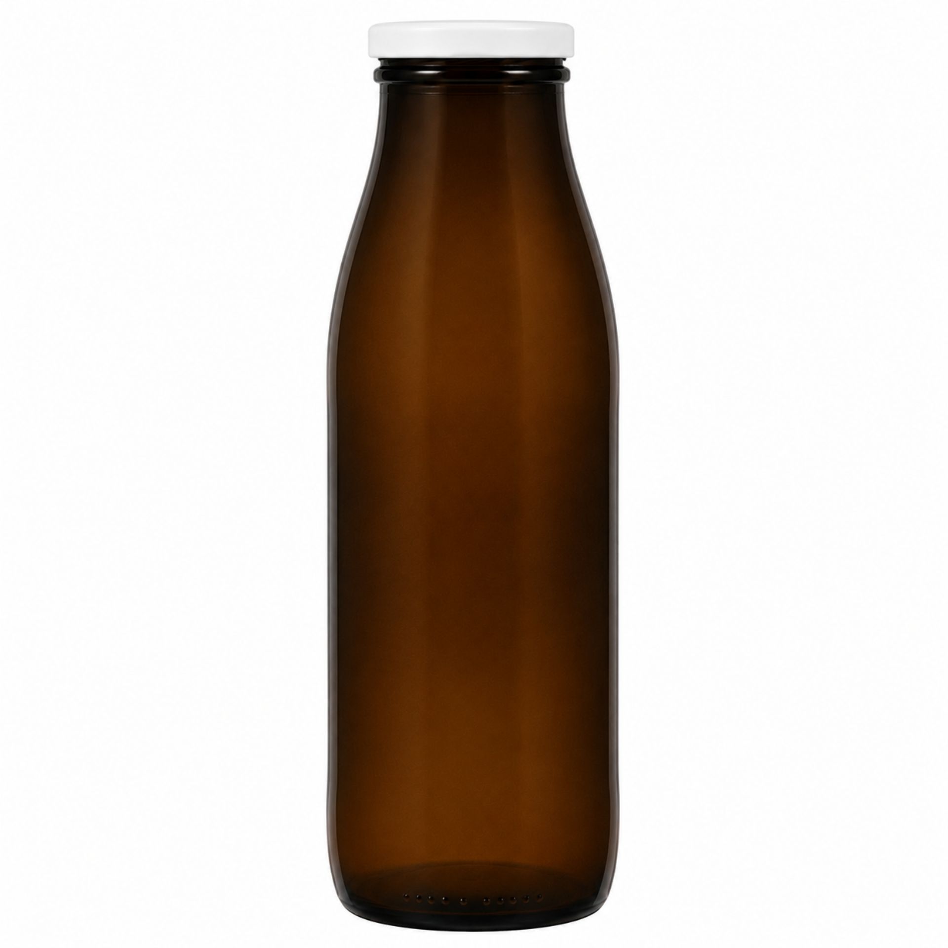 Braune 500-ml-Glasflasche mit weißem Schraubverschluss vor neutralem Hintergrund.