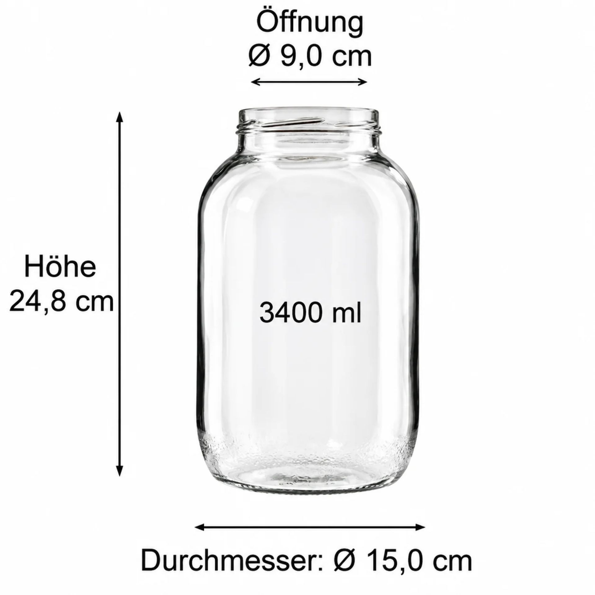 Einmachglas 3400 ml aus klarem Glas mit Deckel, ideal als Vorratsglas für Küche und Haushalt, zylindrische Form, robust und vielseitig einsetzbar, Produktbild auf weißem Hintergrund.