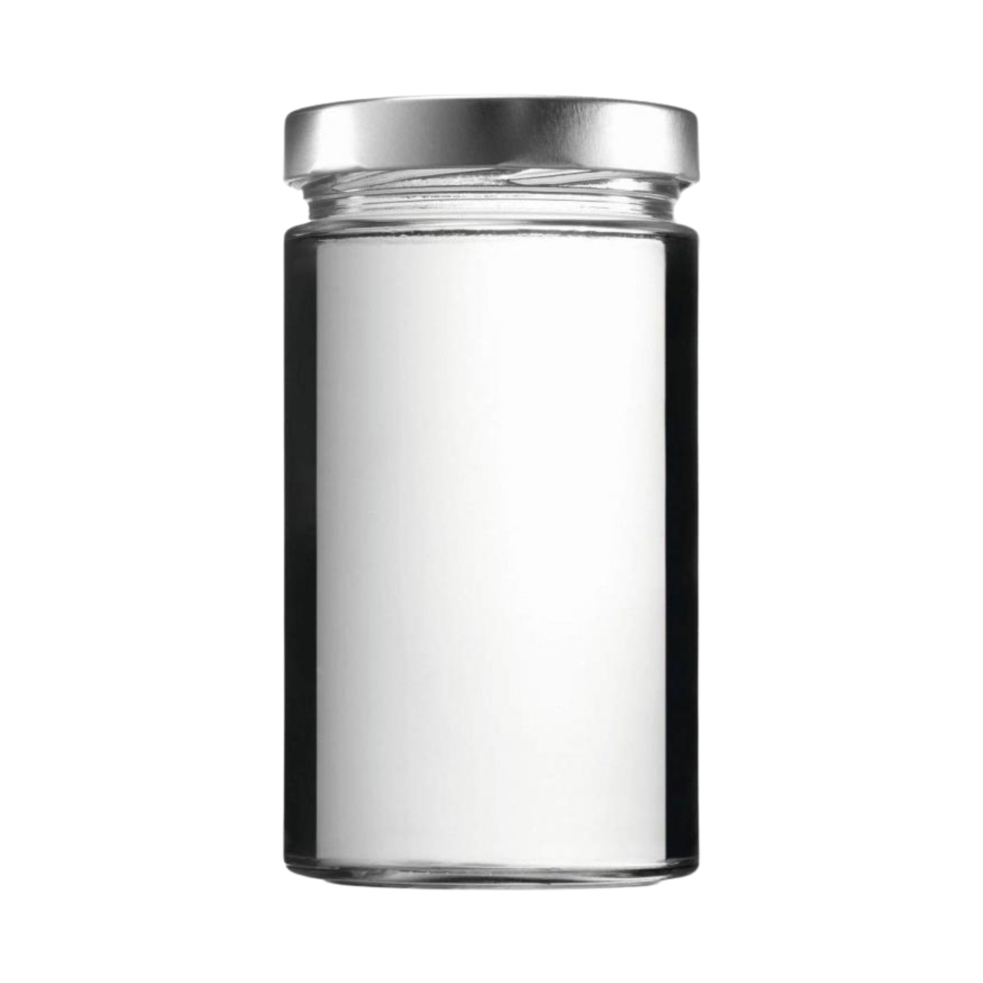 720-ml-Einmachglas aus klarem Glas mit silbernem Schraubdeckel, stehend auf weißem Hintergrund.