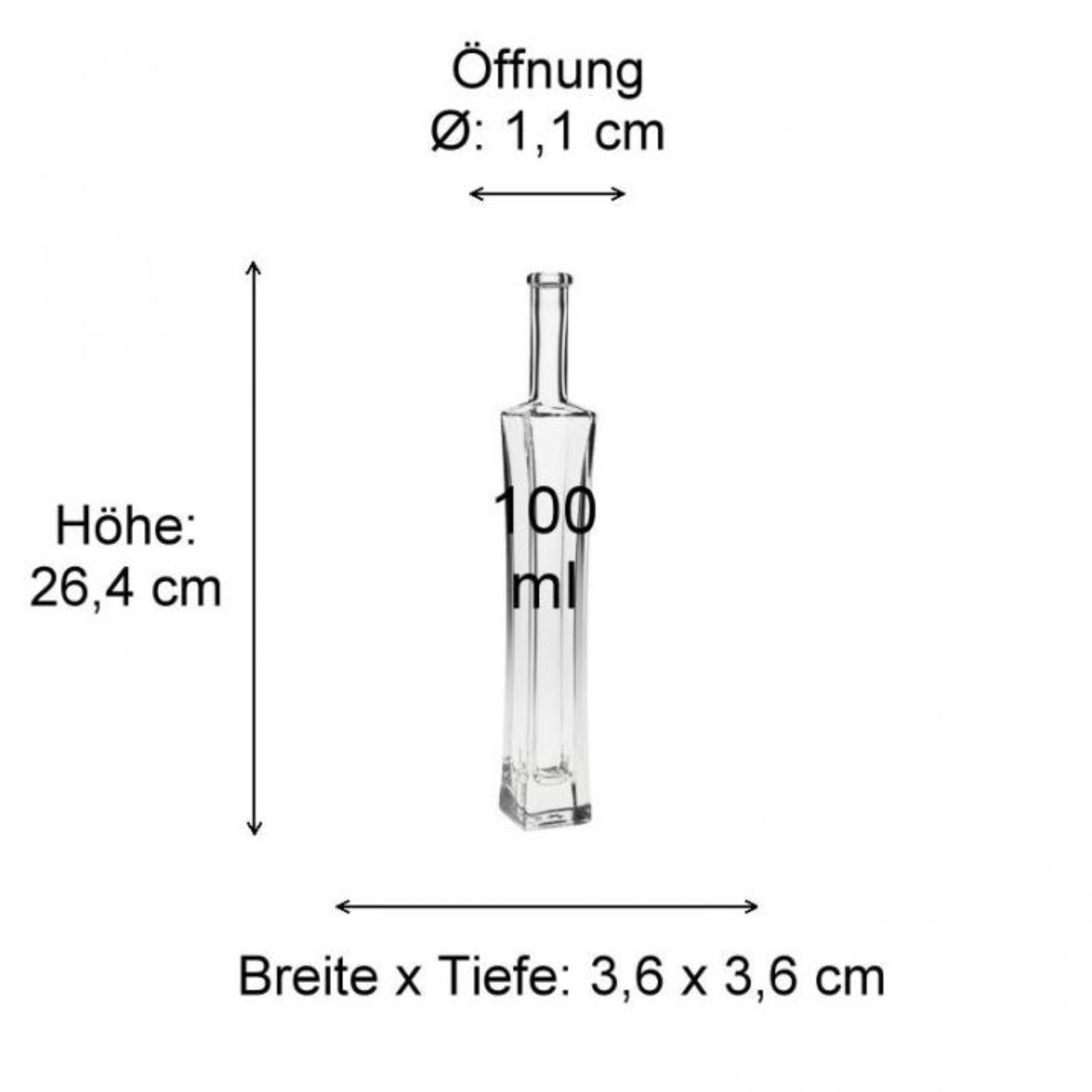 Maßzeichnung eines Glasbehälters mit skizzierten Abmessungen in Millimetern; Darstellung zeigt die verschiedenen Höhen, Durchmesser und Breiten des Produkts; geeignet für die Spezifikation von Flaschen und Dosen.