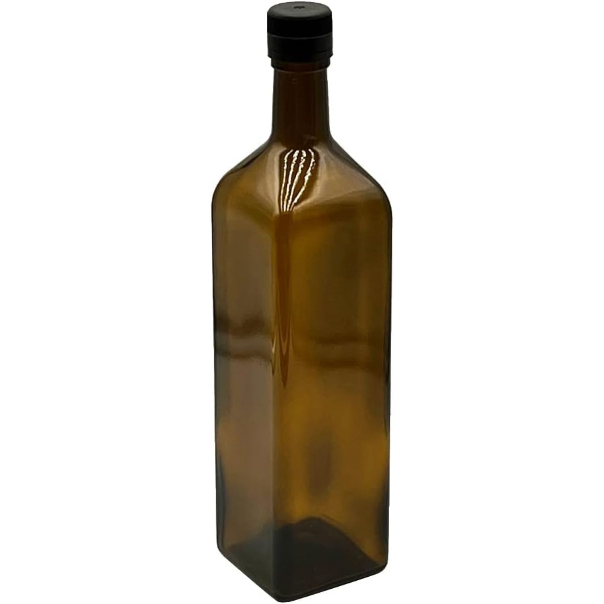 Klare Glasflasche mit Reliefprägung, goldfarbenem Schraubverschluss und schmalem Hals, stehend auf weißem Hintergrund.