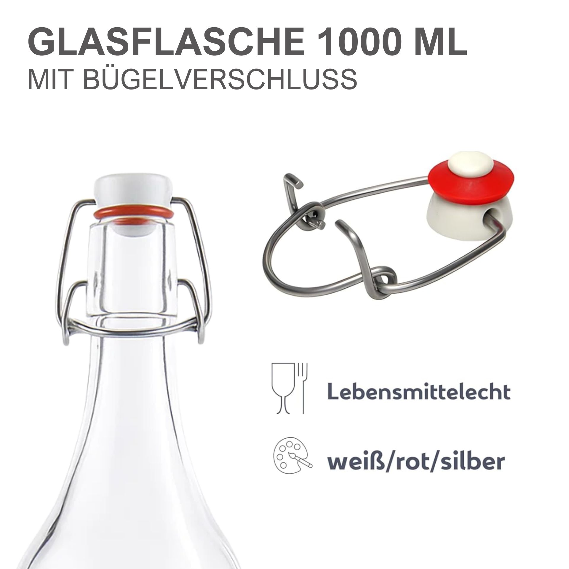 Glasflasche 1000 ml eckig mit Bügelverschluss Kunststoff
