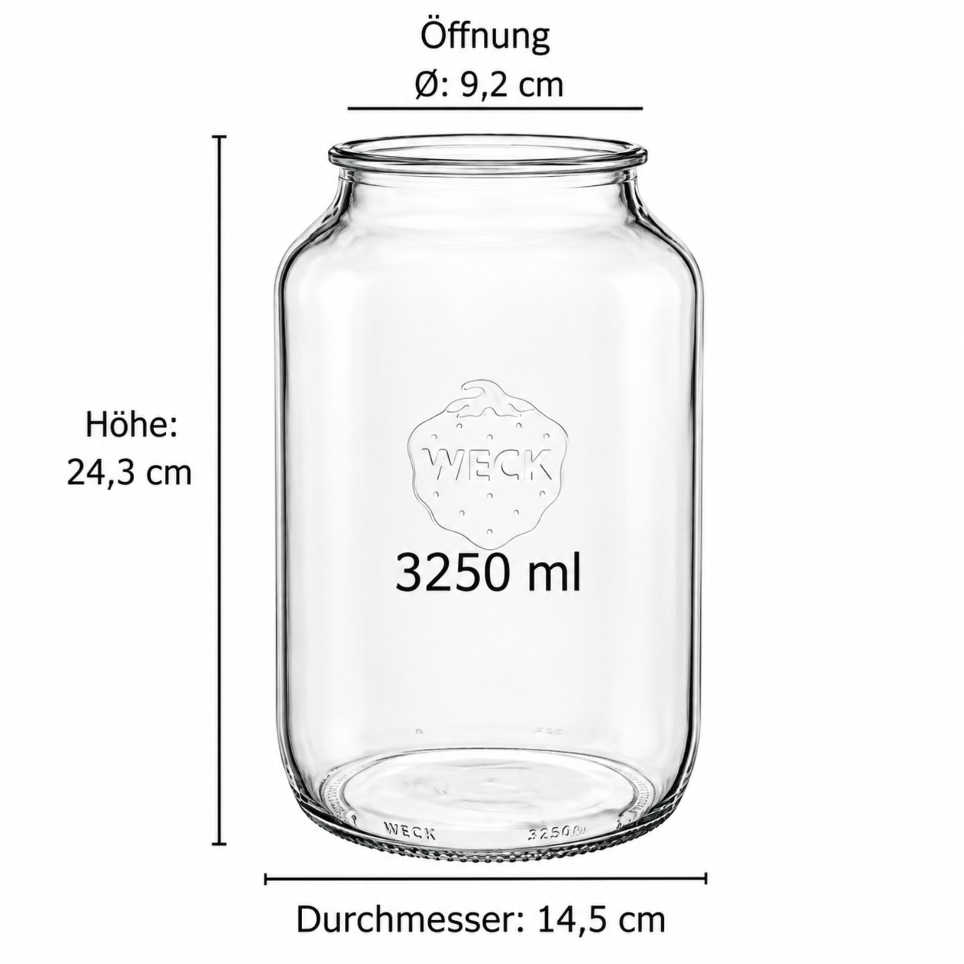 Leere, transparente Glasflasche mit Bügelverschluss auf weißem Hintergrund; daneben Maßangaben: 29 cm hoch, 8,5 cm breit am Boden, 3,5 cm Öffnungsdurchmesser.