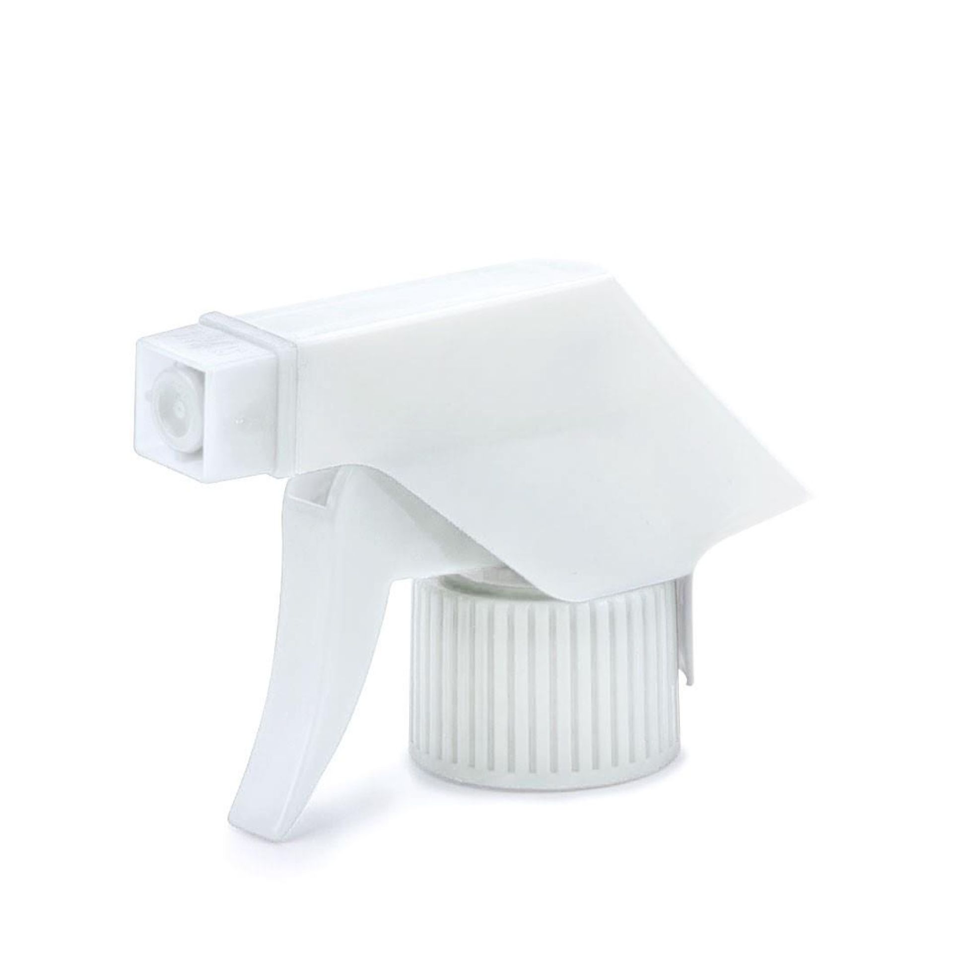 Weiße Sprühpistole aus Kunststoff mit ergonomischem Abzug, passend für Flaschen mit PP28-Gewinde, seitlich fotografiert auf neutralem Hintergrund.
