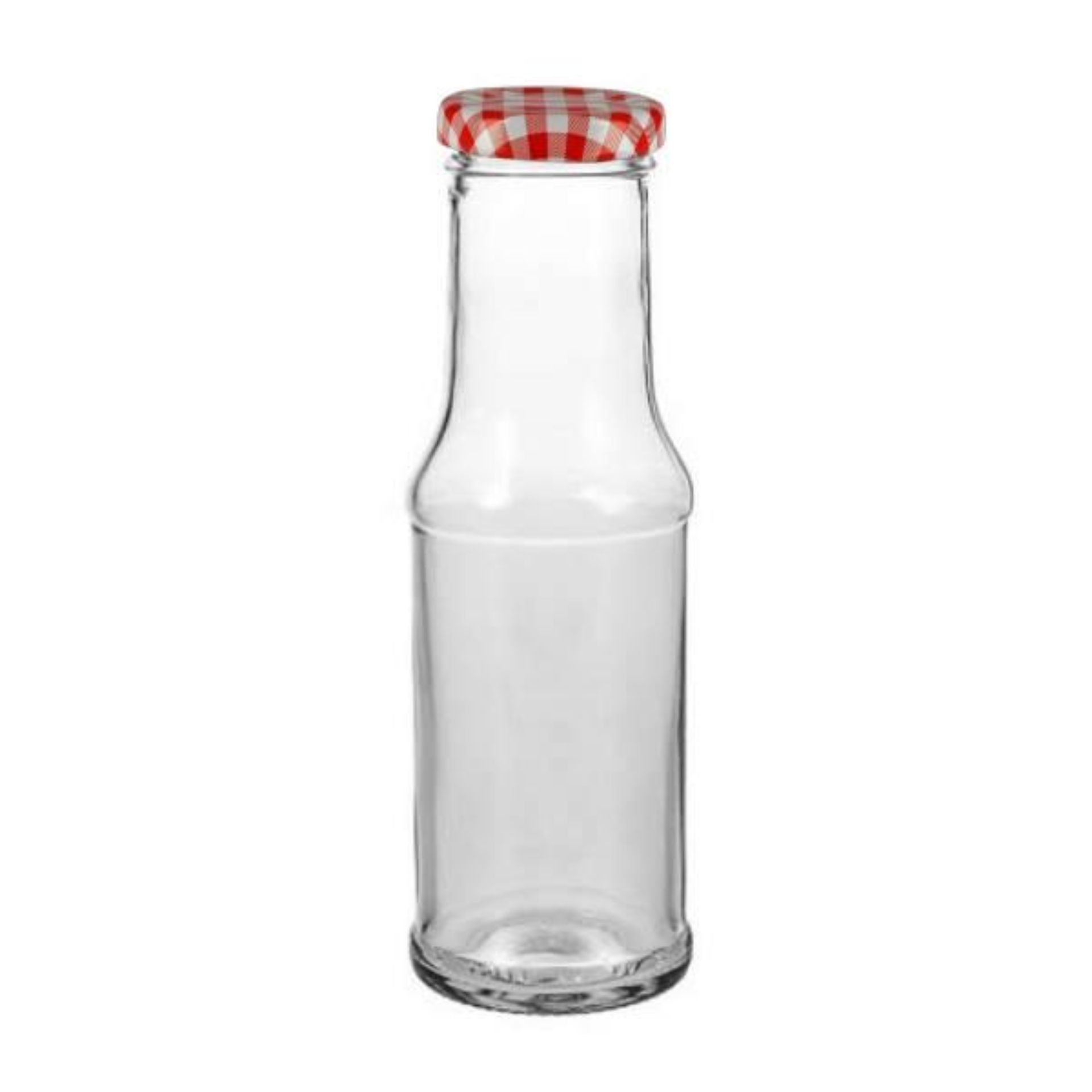 Glasflasche-200ml-Saftflasche-Rot-Weiss-mit-Deckel-Grosshandel 200-ml-Glasflasche mit rot-weiß kariertem Schraubverschluss, vollständig transparent, steht auf weißem Untergrund.