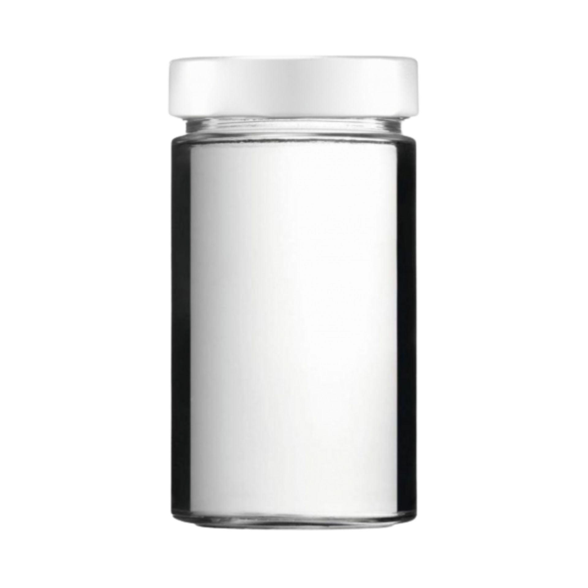 720-ml-Vorratsglas der Marke mikken aus klarem Glas mit weißem Schraubdeckel, stehend auf weißem Hintergrund.