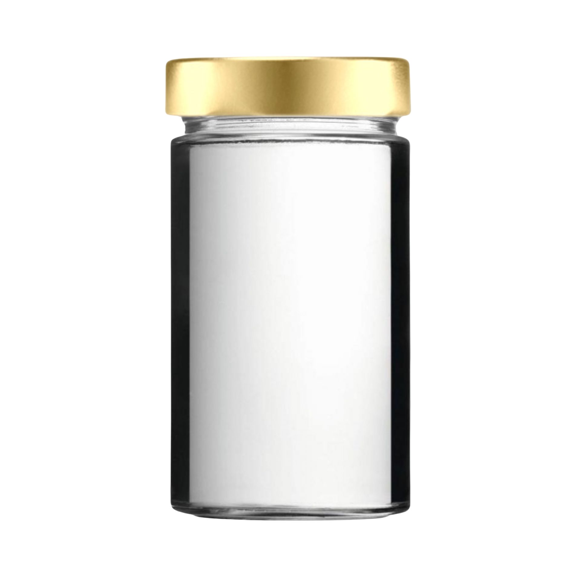 Ein klares 720-ml-Einmachglas der Marke Mikken mit goldfarbenem Schraubdeckel, stehend auf weißem Hintergrund.