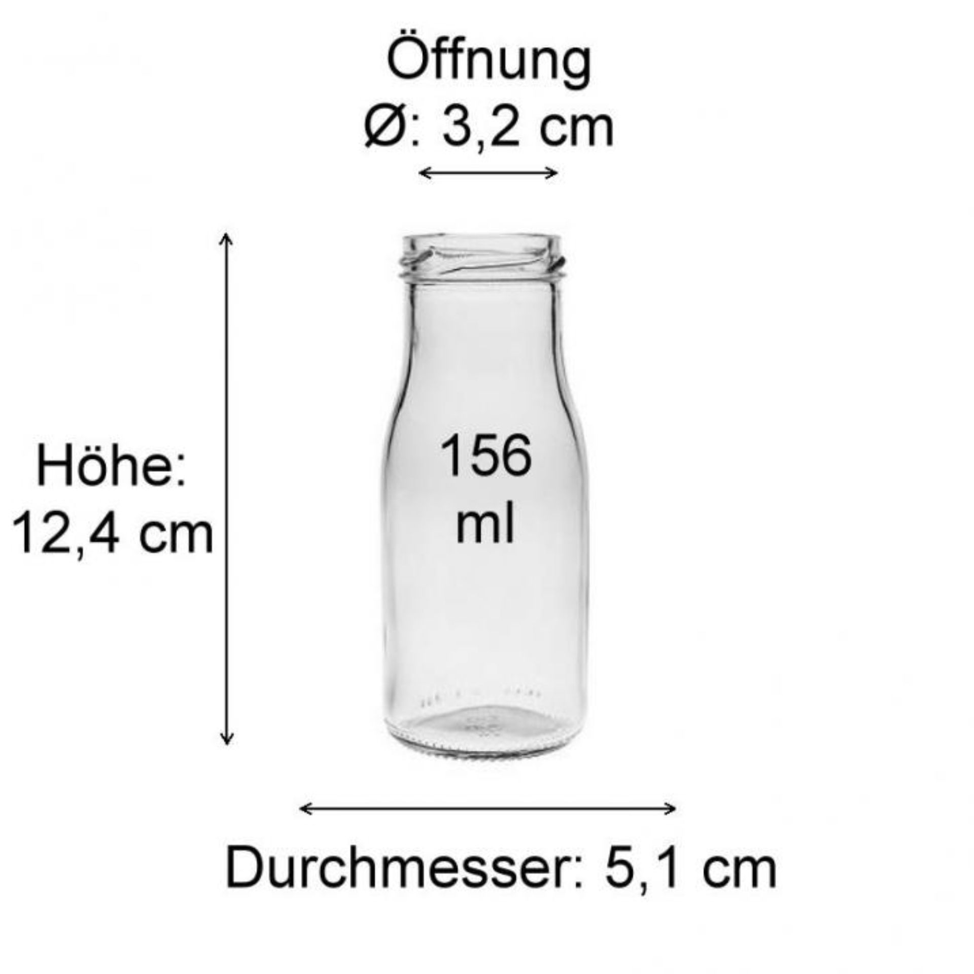 Milchflasche 156 ml aus Glas mit aufgedrucktem Maßstab, Ansicht der leeren Flasche vor weißem Hintergrund.