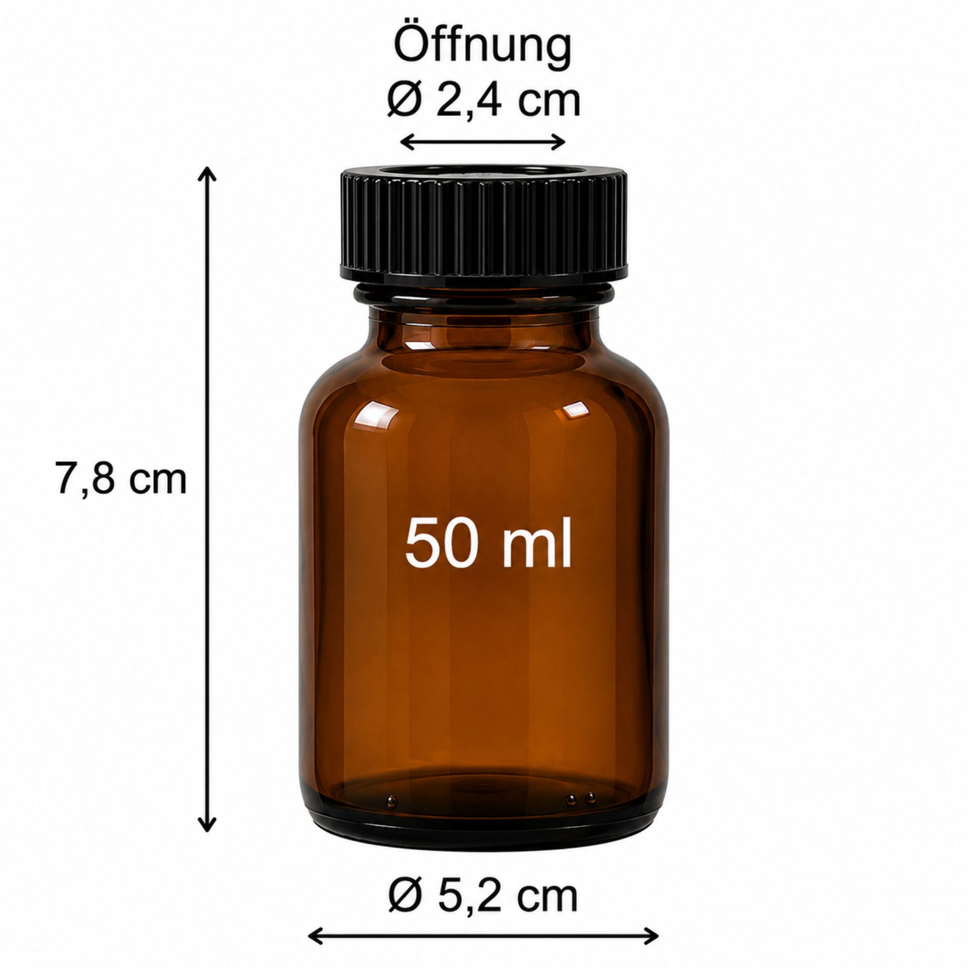 Braune 50 ml Apothekerflasche aus Glas mit Weithals und Schraubdeckel, ideal für die Aufbewahrung von Flüssigkeiten, Medikamenten oder Chemikalien.