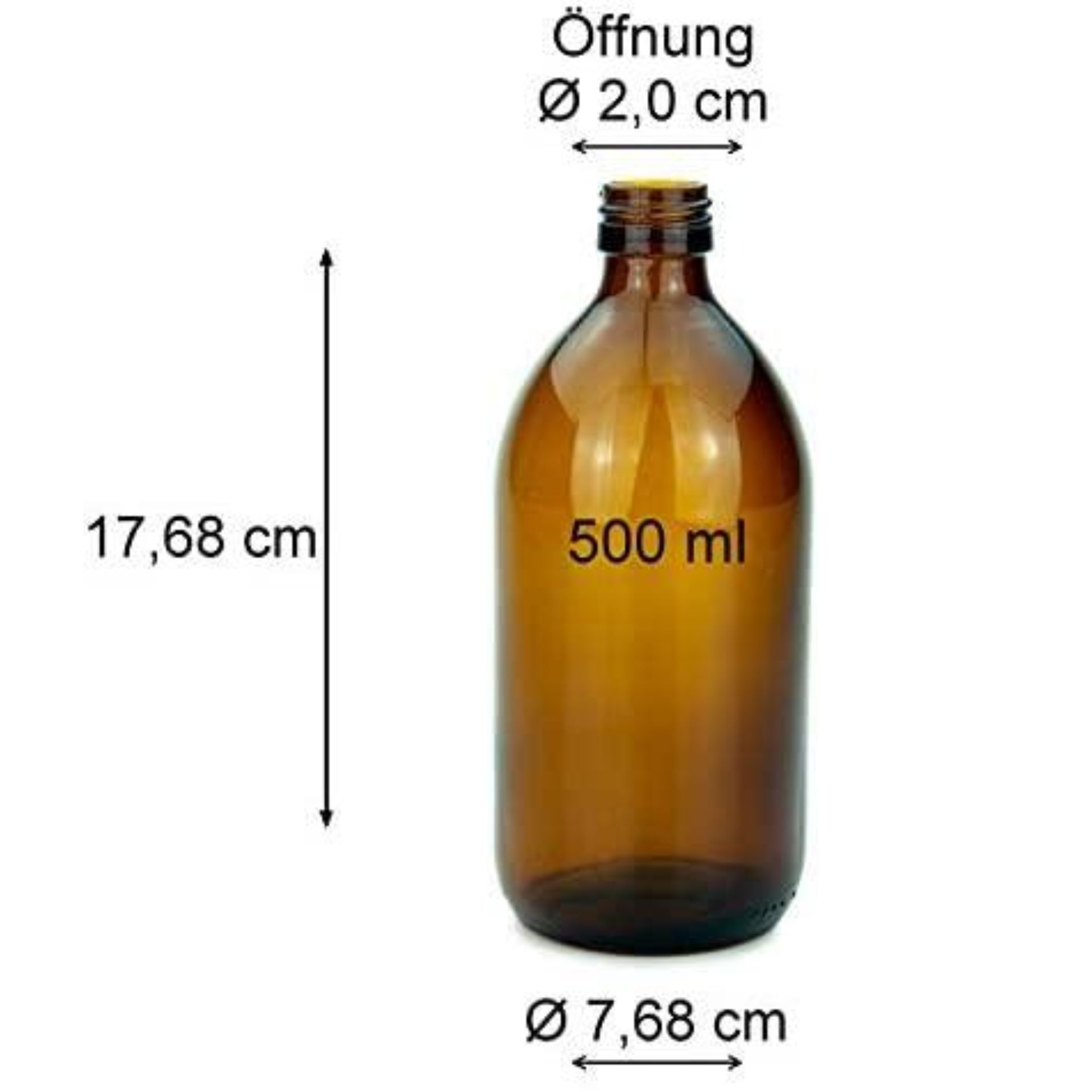 Leere, durchsichtige Glasflasche mit schmalem Hals und Schraubgewinde, stehend auf weißem Hintergrund; daneben Maßangaben in Millimetern für Höhe, Durchmesser und Öffnung der Flasche.