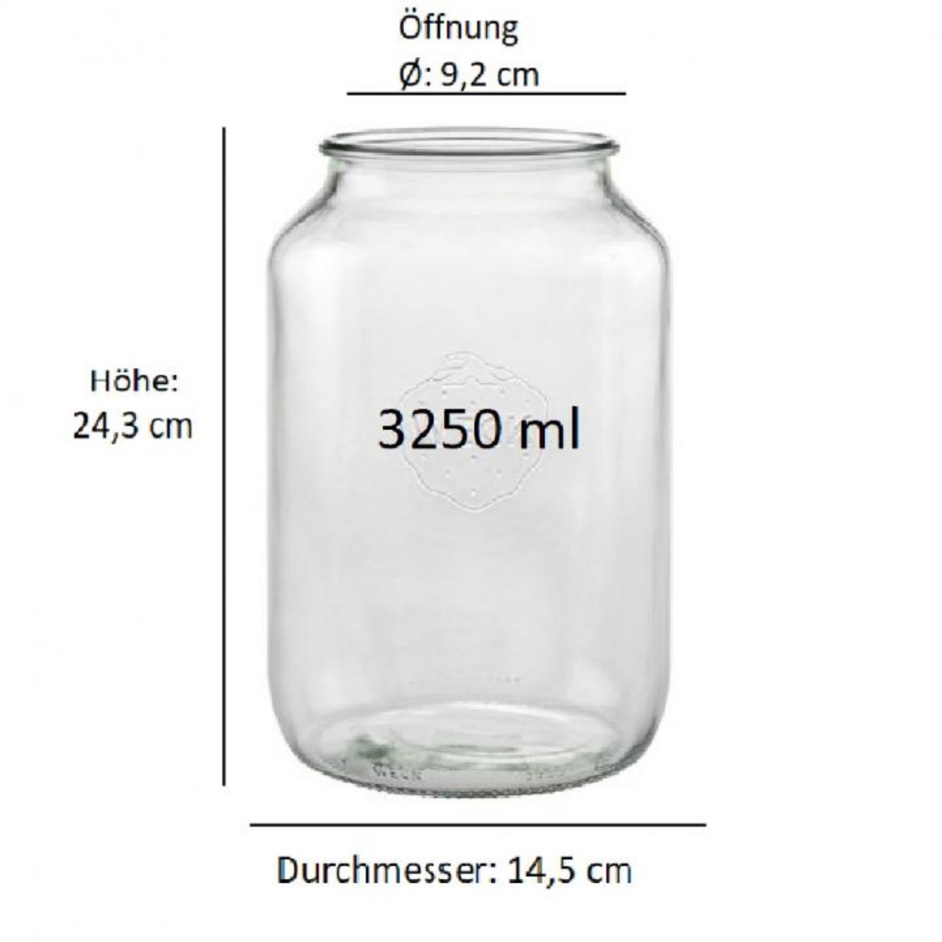 Leere, transparente Glasflasche mit Bügelverschluss auf weißem Hintergrund; daneben Maßangaben: 29 cm hoch, 8,5 cm breit am Boden, 3,5 cm Öffnungsdurchmesser.