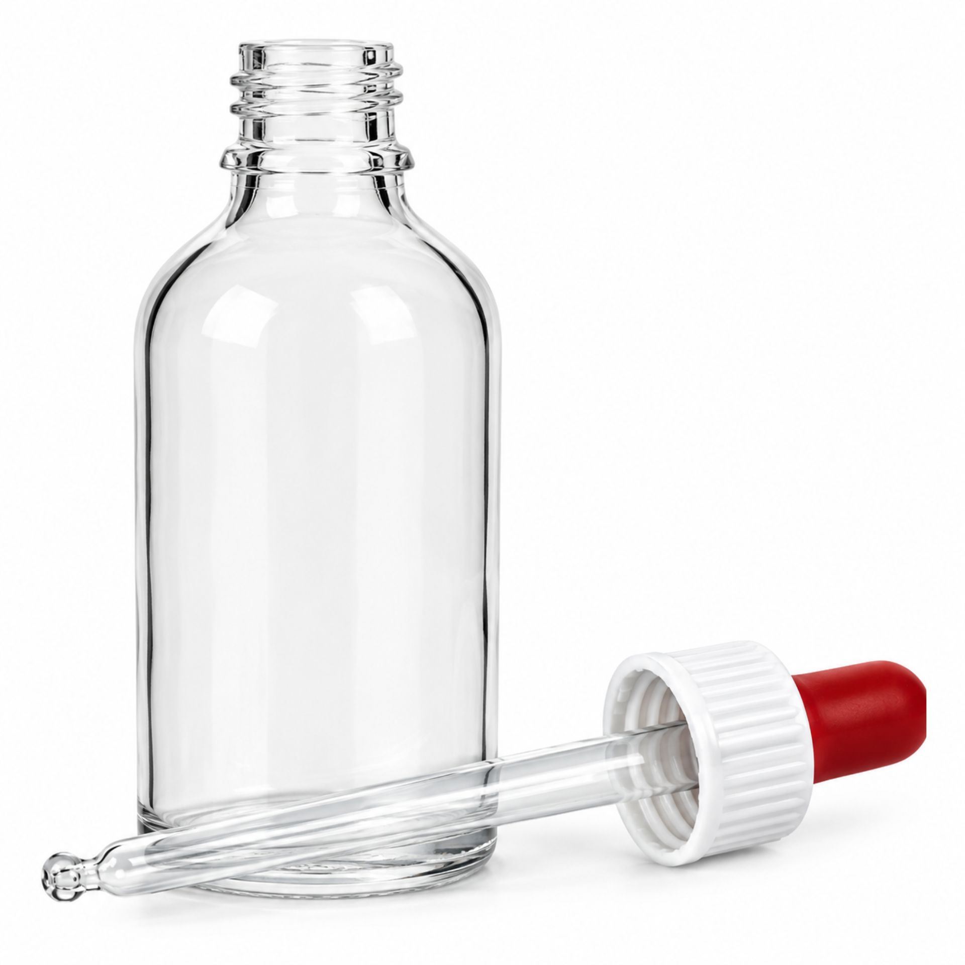 Pipettenflasche 50 ml - Dosierflasche aus Glas mit schwarzem Verschluss, ideal für präzise Flüssigkeitsdosierung, auf weißem Hintergrund.