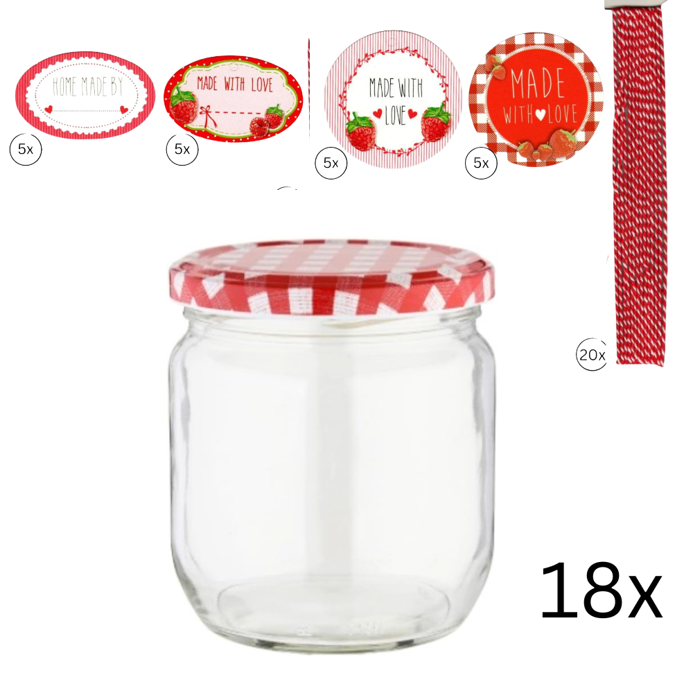 Set 18 Einmachgläser 425 ml Rundglas mit rot-weiß kartiertem Deckel 