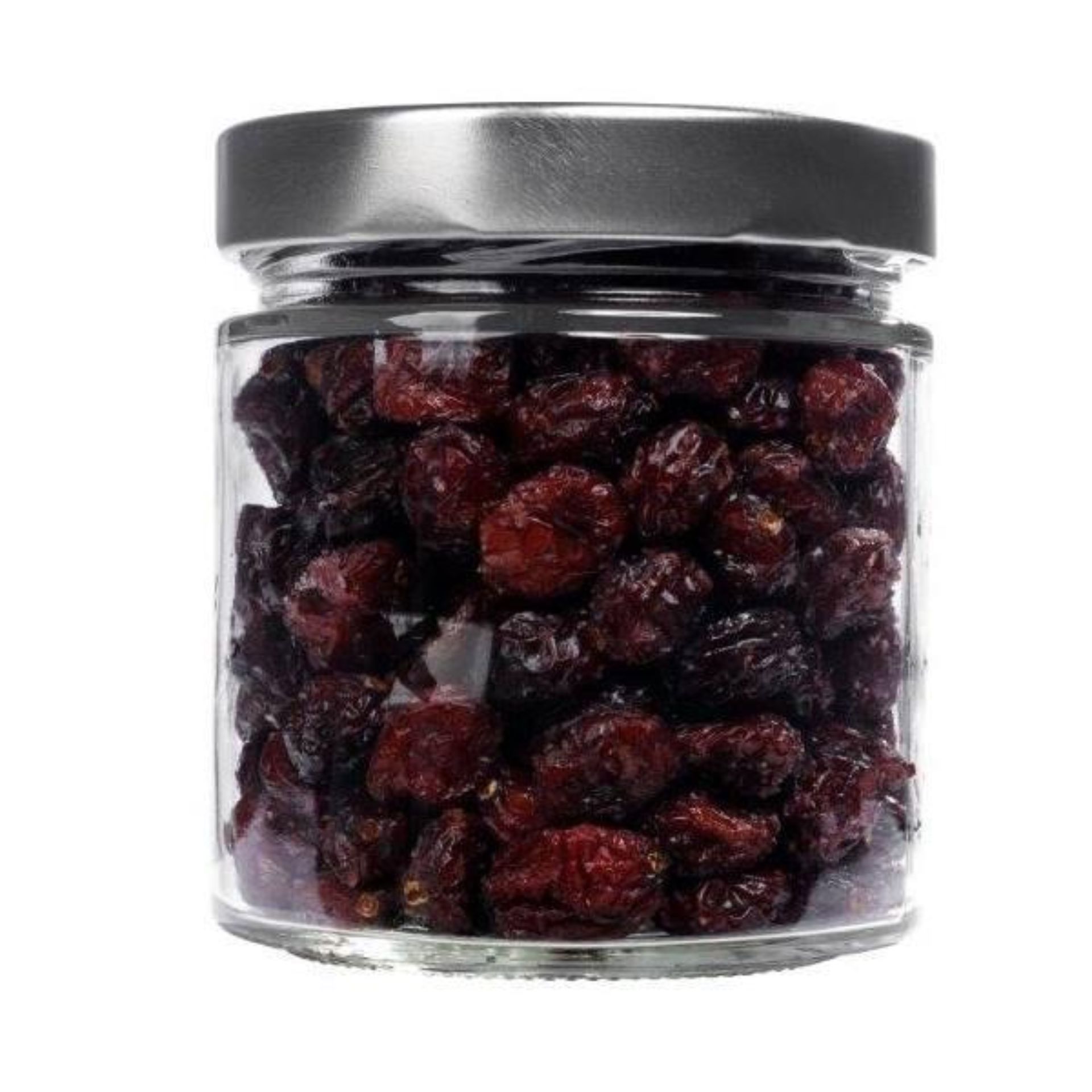 Ein transparentes Einmachglas mit einem Fassungsvermögen von 410 ml, gefüllt mit roten Beeren, verschlossen mit einem silbernen Schraubdeckel, vor weißem Hintergrund.